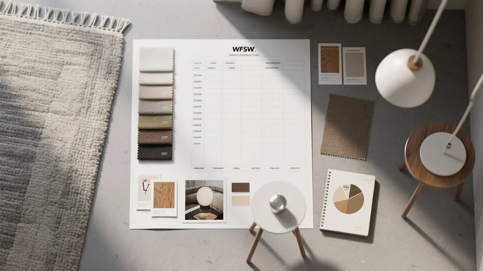 Top-down moodboard showing gray room budget priorities in textiles, paint, and lighting.