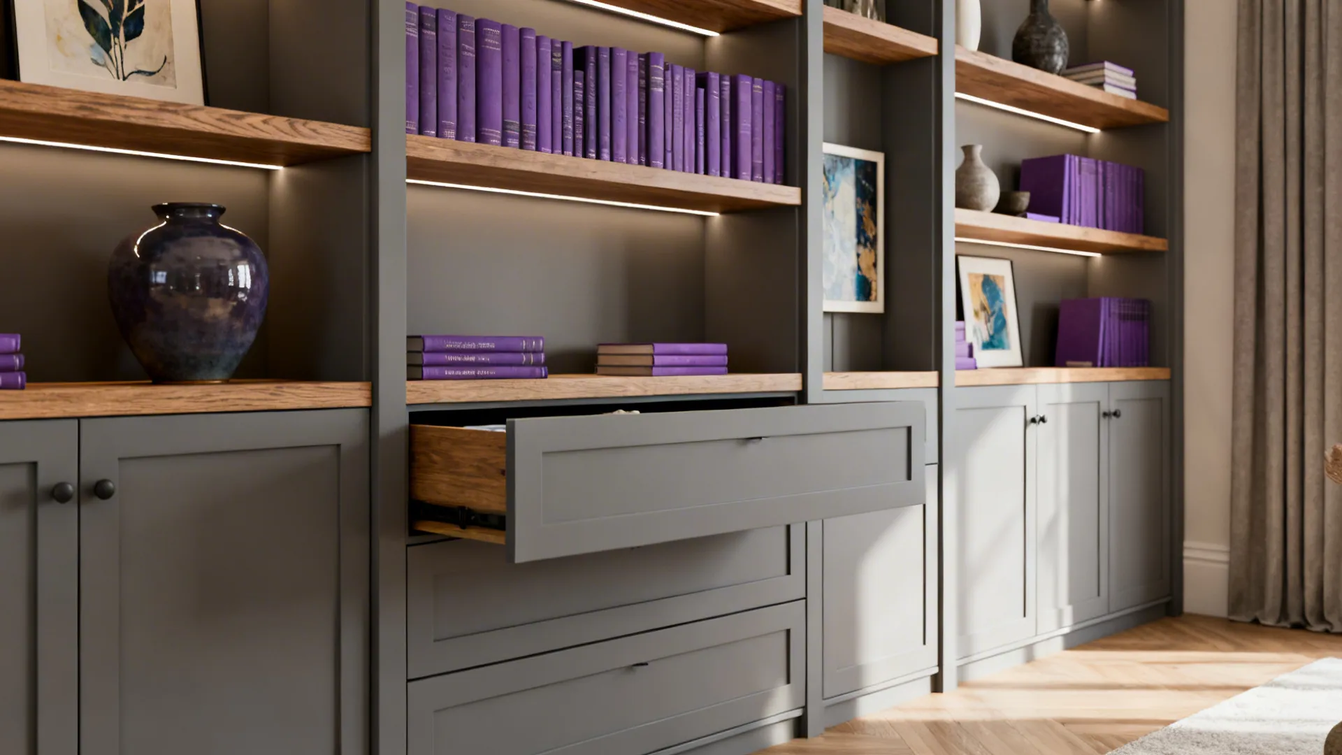 4. Gray Built-Ins with Purple Decorative Touches