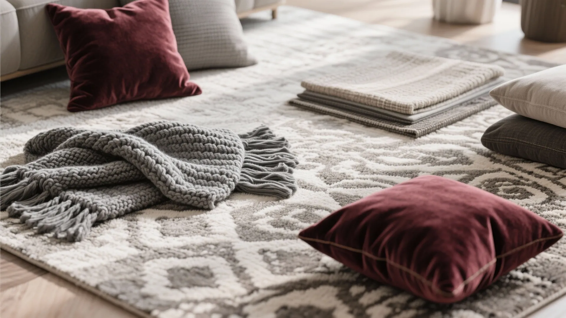 Flat lay of gray and burgundy fabrics and textures