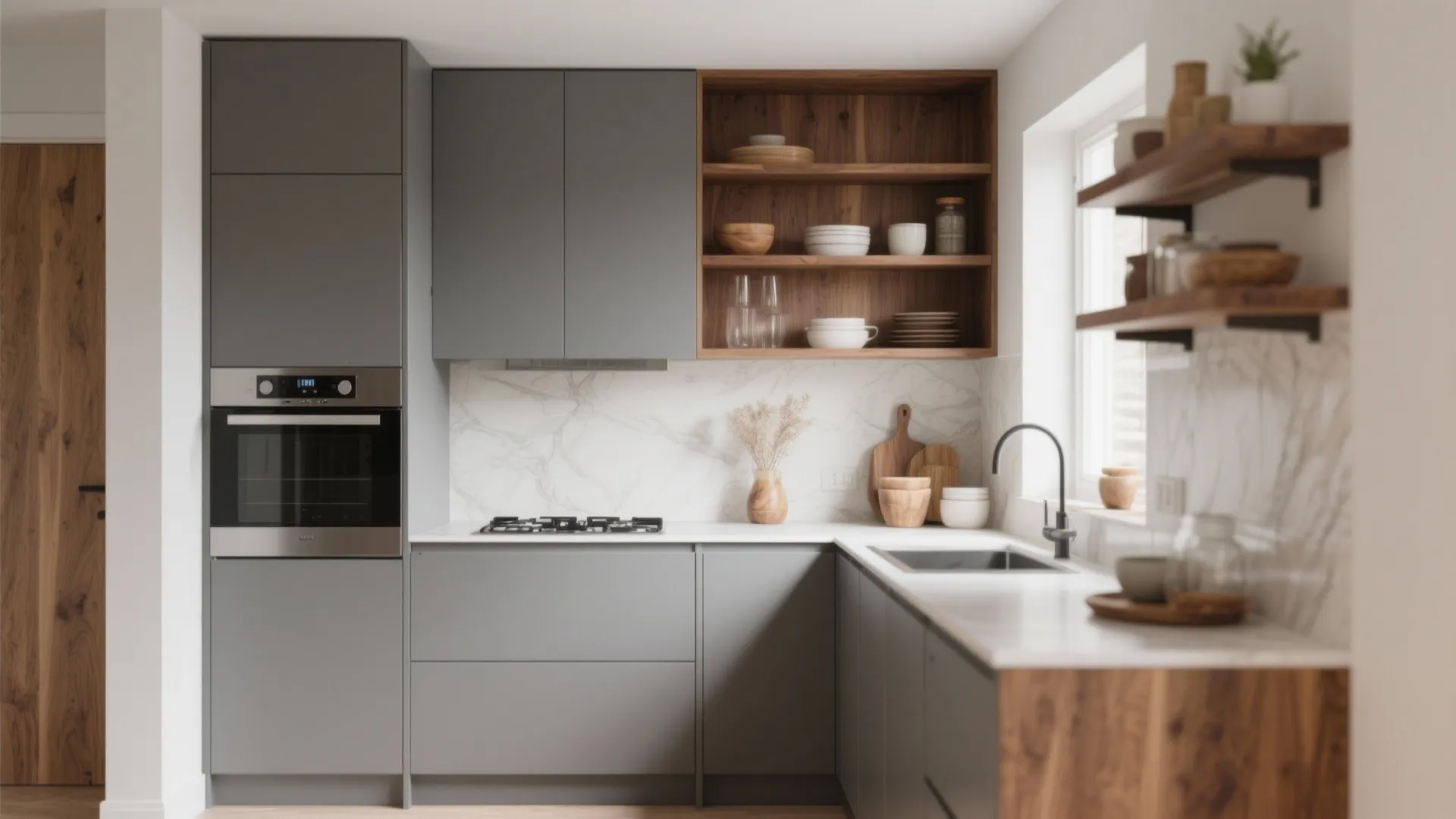 Minimalist gray kitchen with wooden open shelves marble backsplash built in oven and black water tap