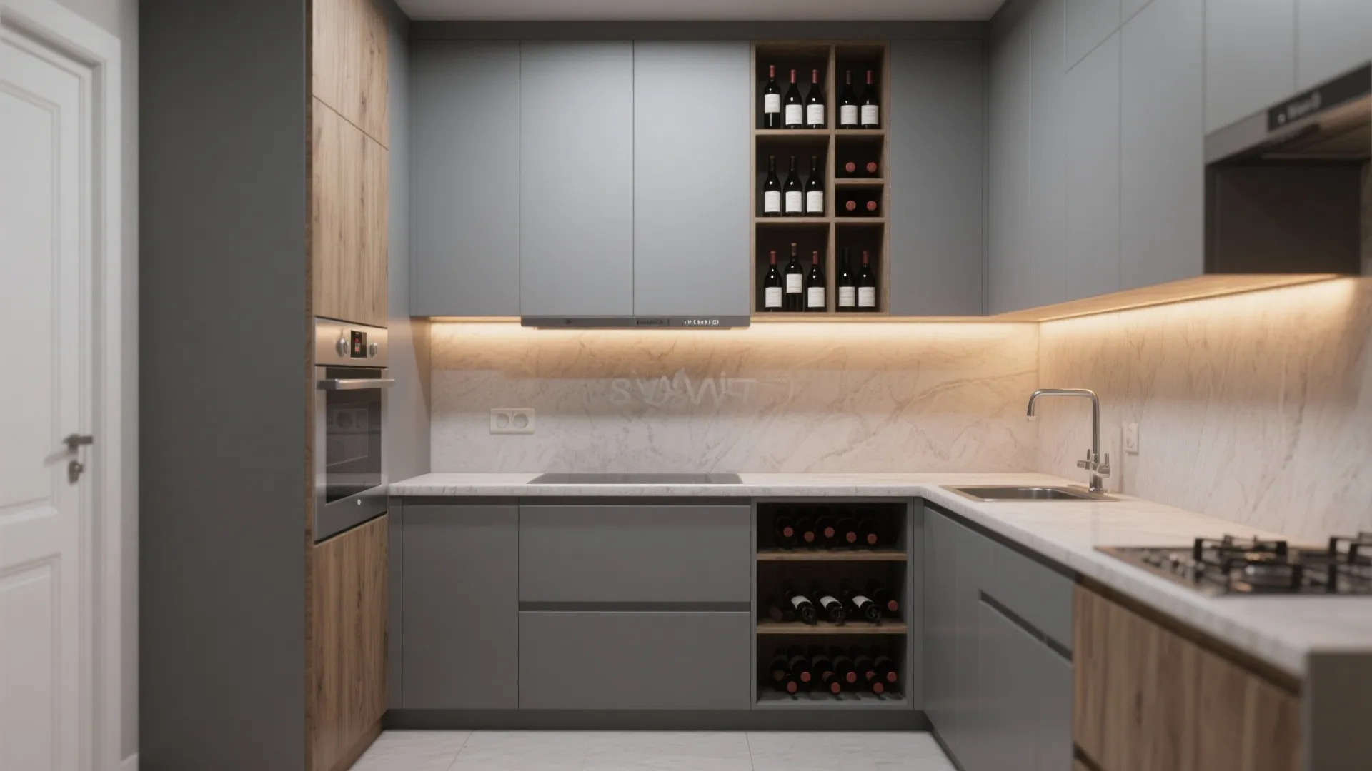 Modern kitchen with gray cabinets wooden wine rack built-in oven marble backsplash and warm lighting