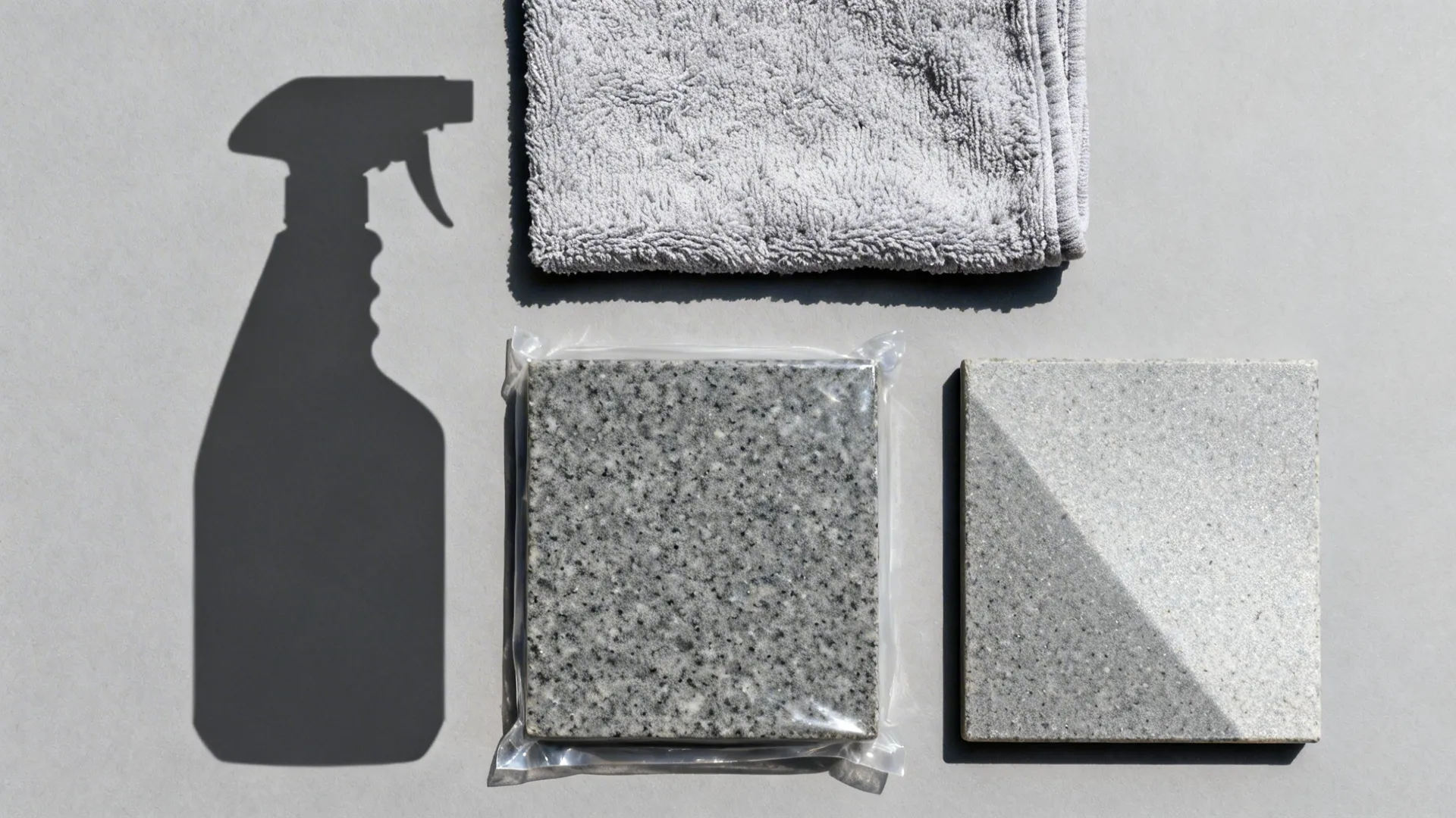 Top-down view of microfiber cloth and gray stone samples suggesting care and sealing.