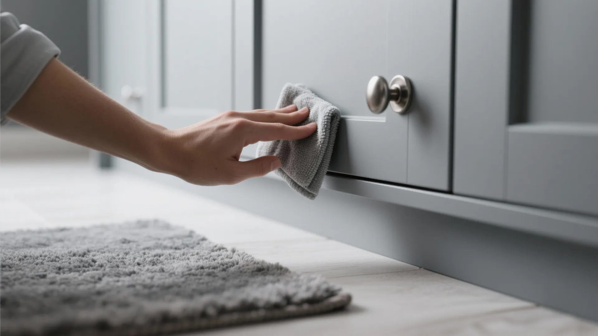 Close up of a hand using a grey cloth to clean a grey kitchen cabinet door