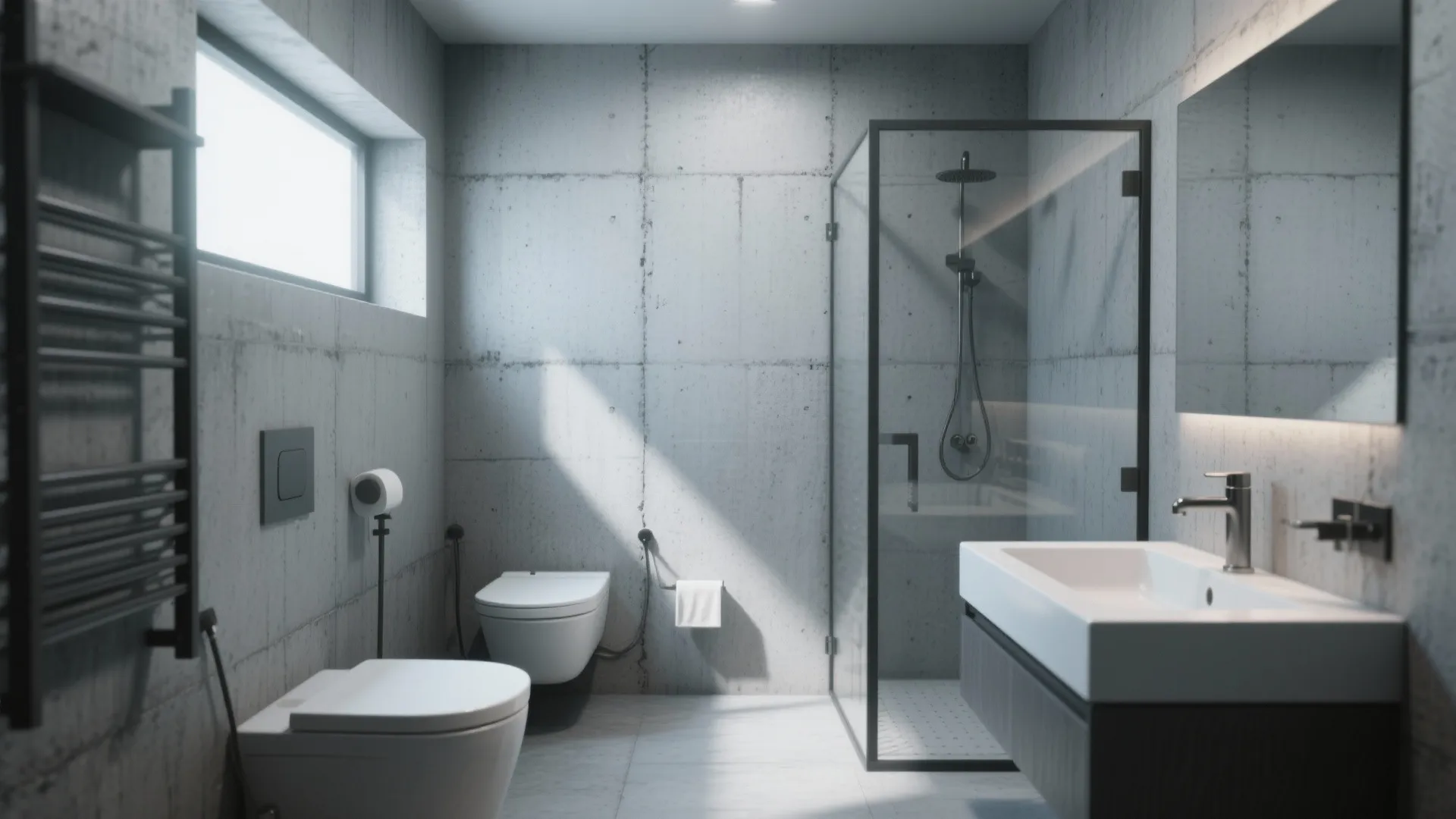 Modern industrial bathroom with gray concrete walls, white toilet, glass shower, sink cabinet, and mirror