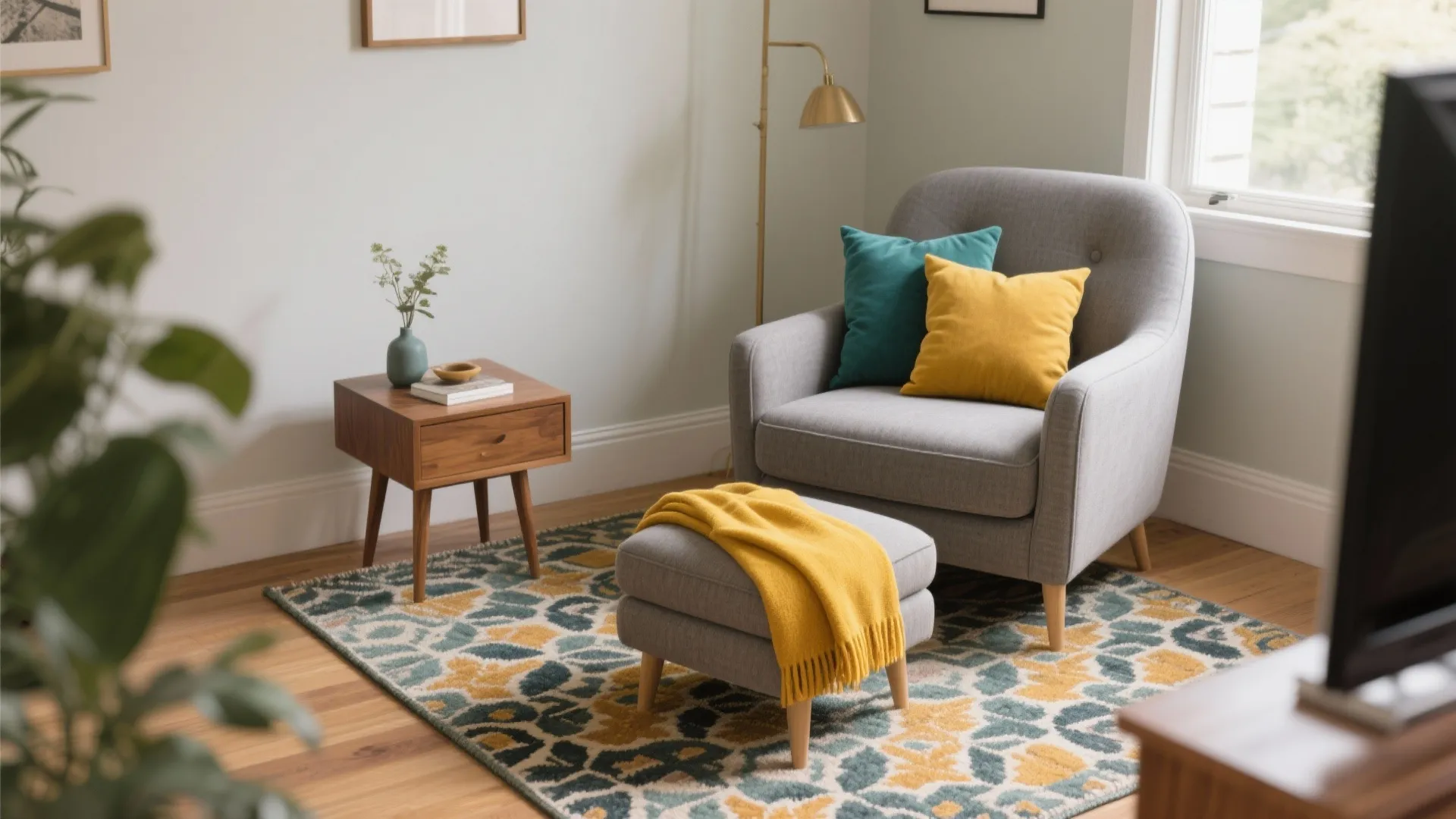 Grey armchair with yellow throw blanket on footrest and colorful pillows in a bright room