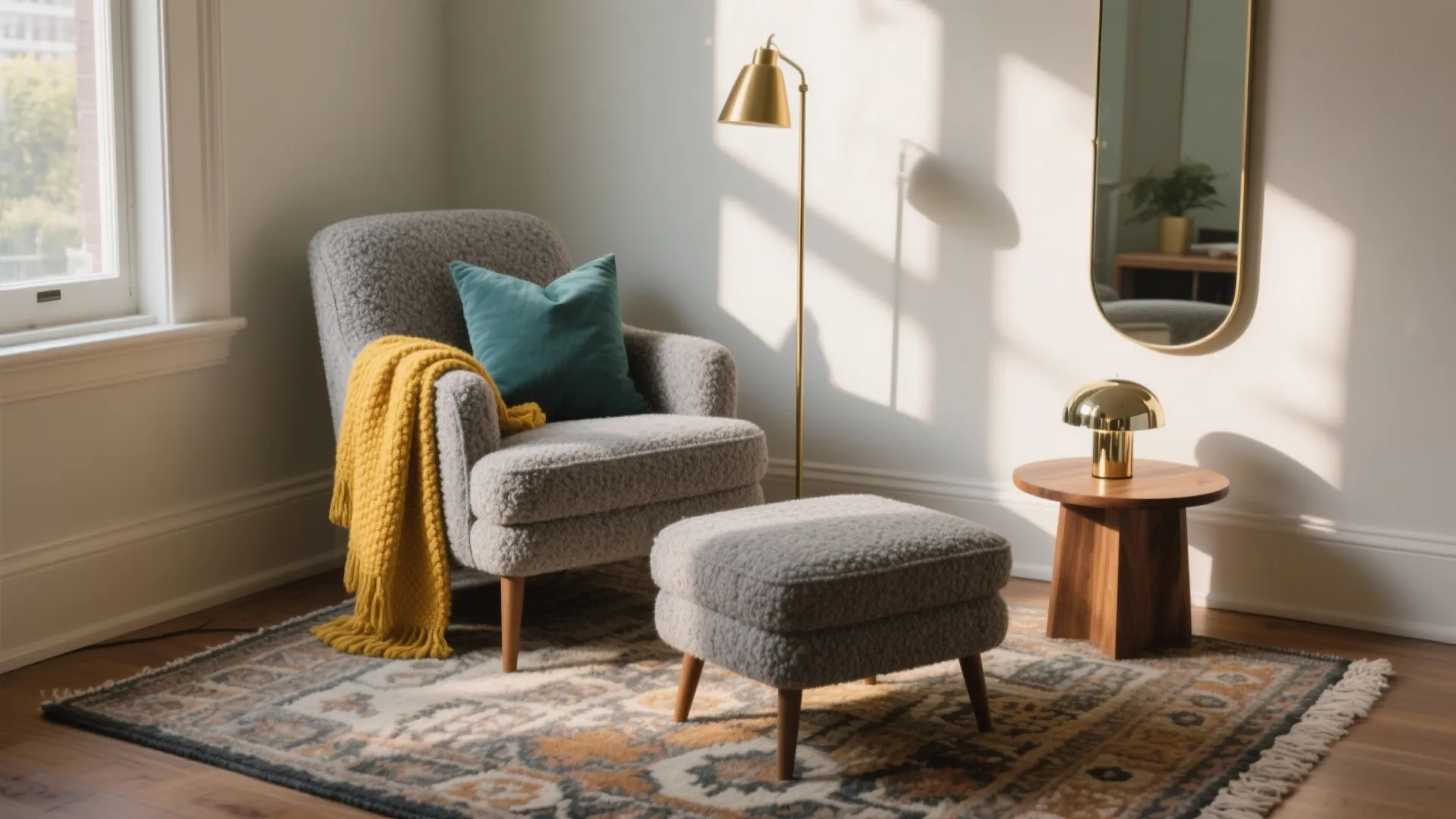 Grey chair with yellow blanket and footrest on a patterned rug in a cozy room