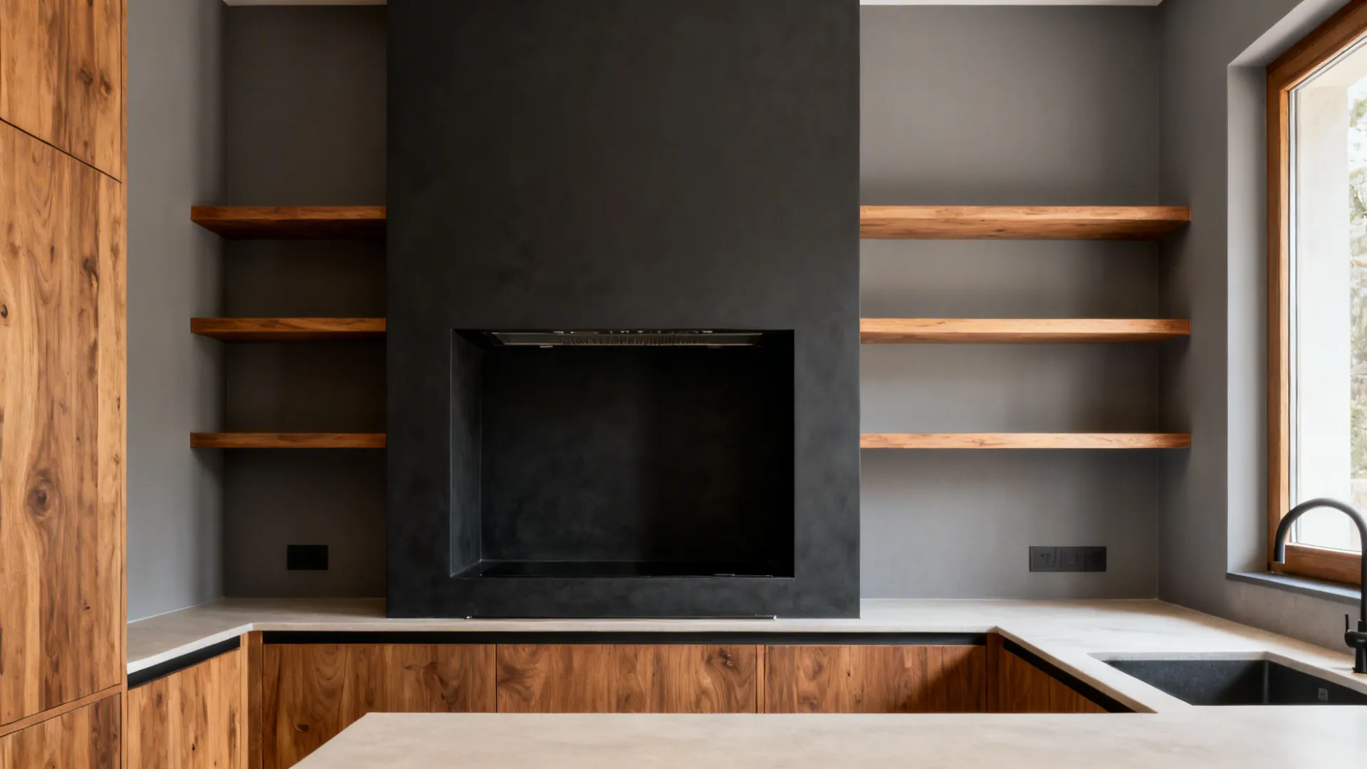 Warm gray kitchen with a charcoal niche and oak shelves adding texture and depth.