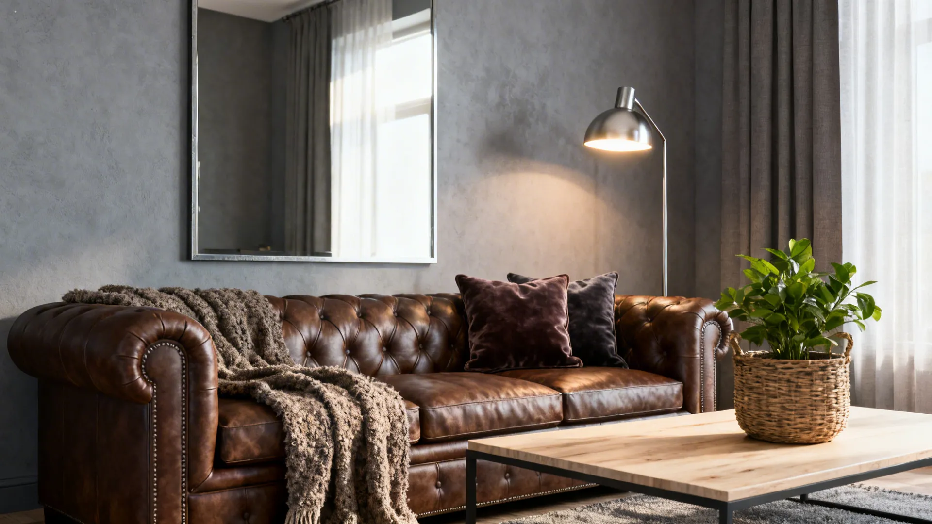 Brown leather sofa in living room with coffee table green plant and silver floor lamp