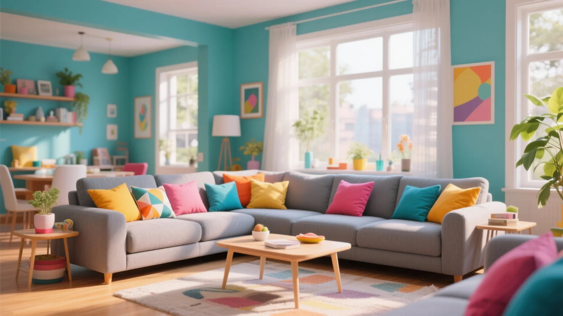 Modern bright living room with teal walls gray sofa colorful pillows wooden table and natural light