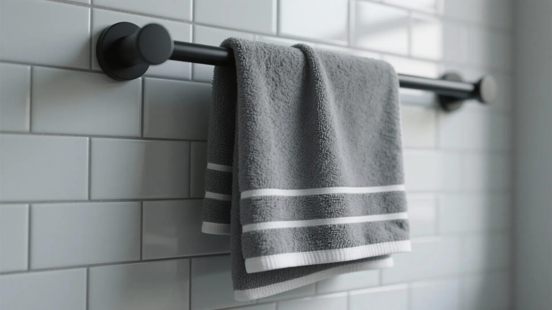 Gray soft bathroom towel hanging on a black metal towel bar against white tile wall