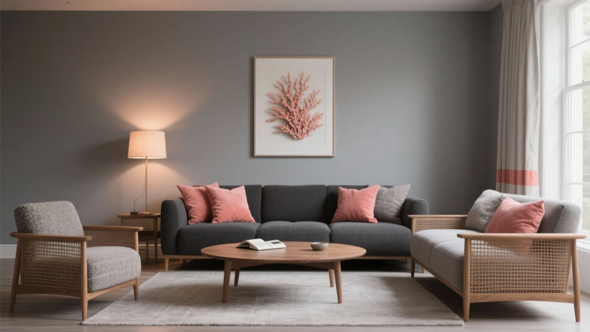 Gray living room featuring dark sofa, pink pillows, coral wall art, and round wooden coffee table