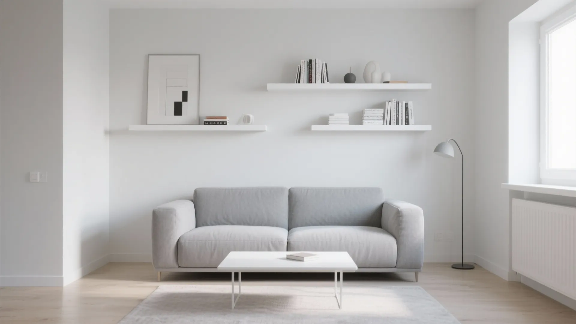 Minimalist living room with gray sofa, white coffee table, floor lamp, and floating white shelves