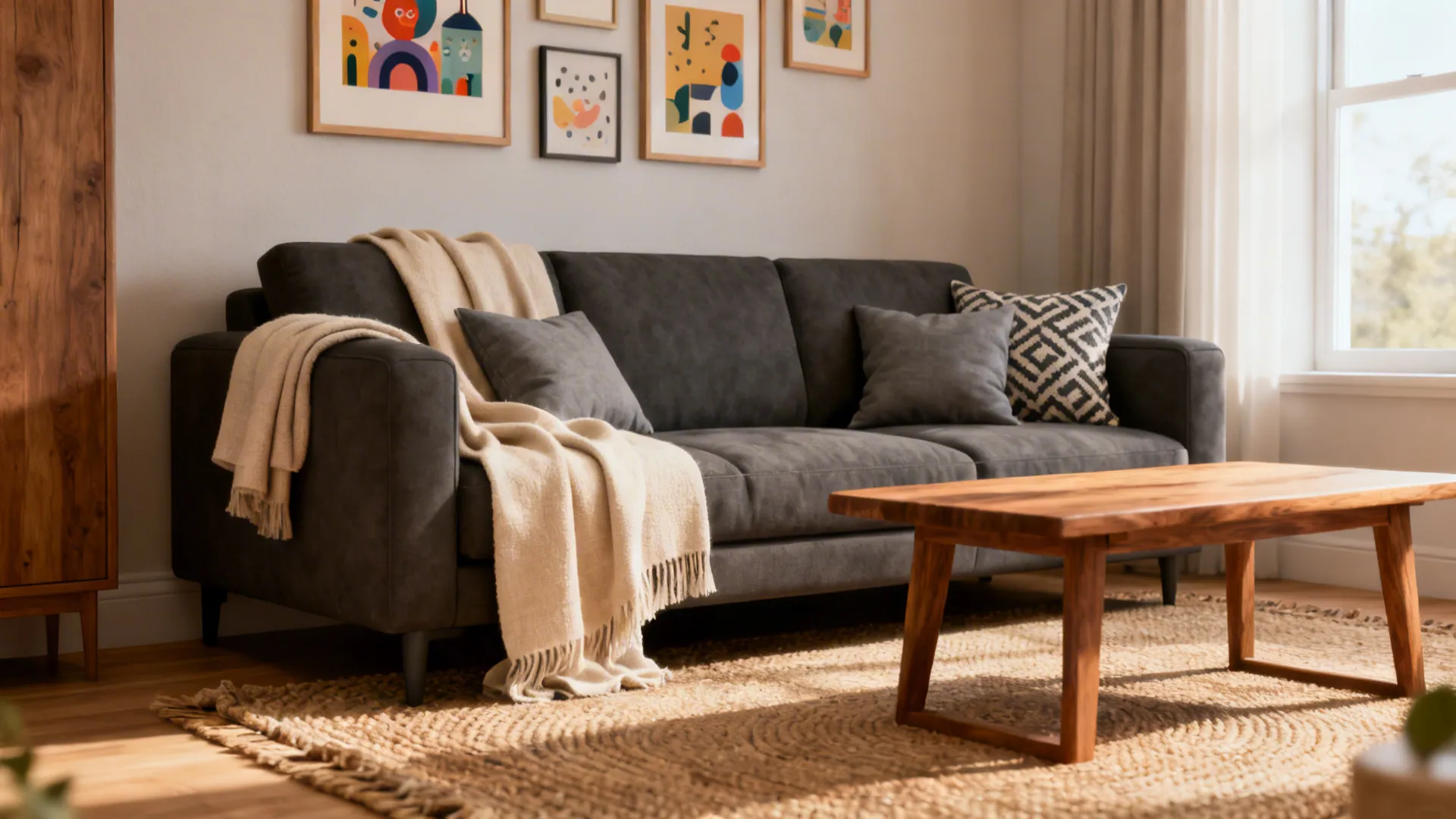 Dark grey sofa with beige blanket wooden coffee table and colorful framed art on wall