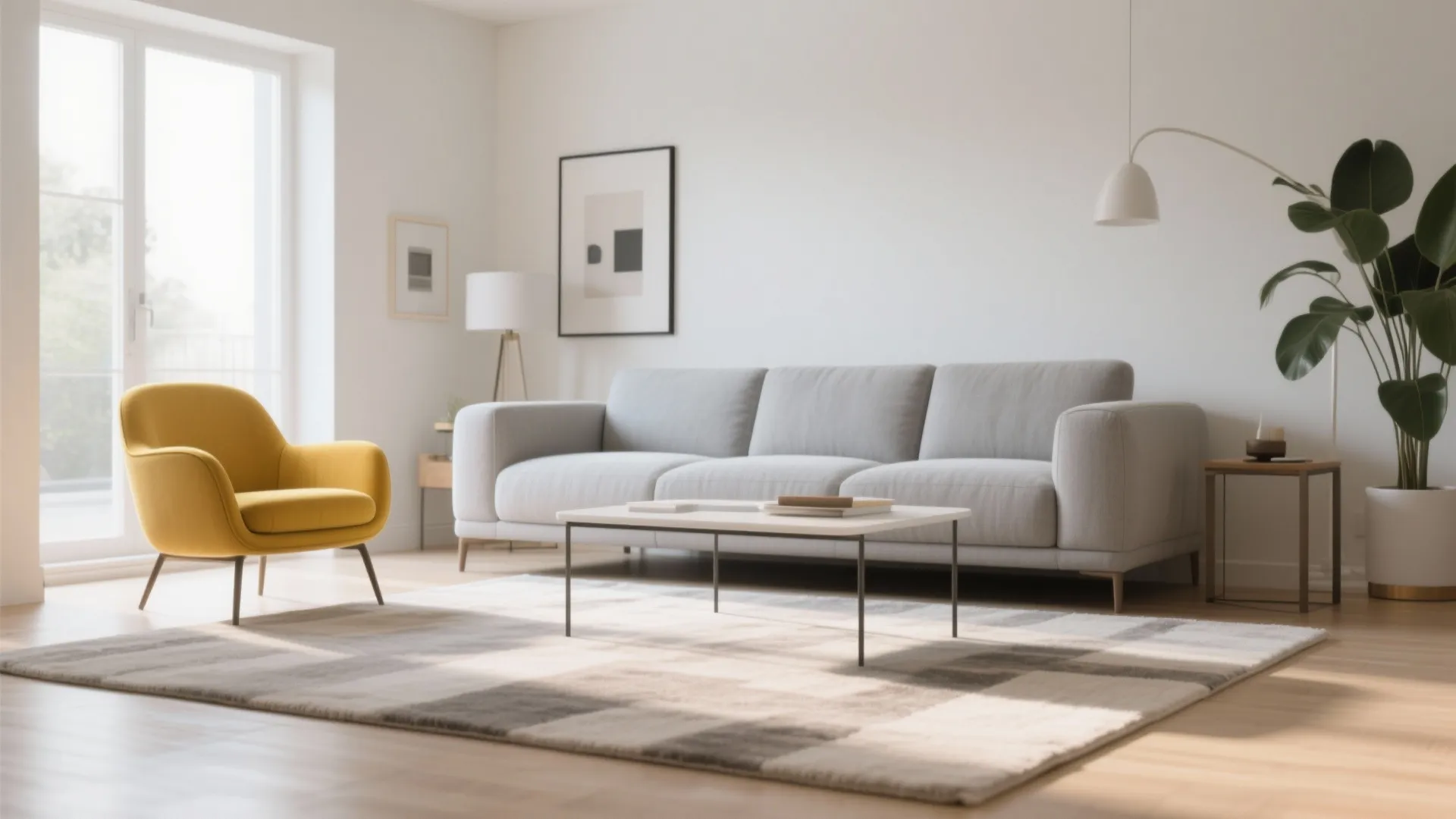 Bright living room with grey sofa yellow armchair white coffee table and large green plant