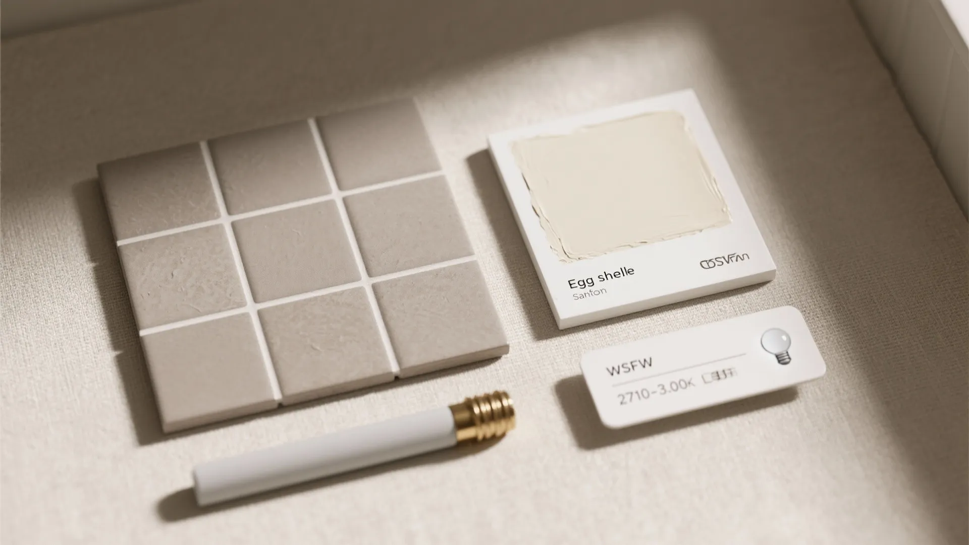 Flat lay of warm-gray tile, creamy paint swatches, grout, and brass trim under soft daylight.