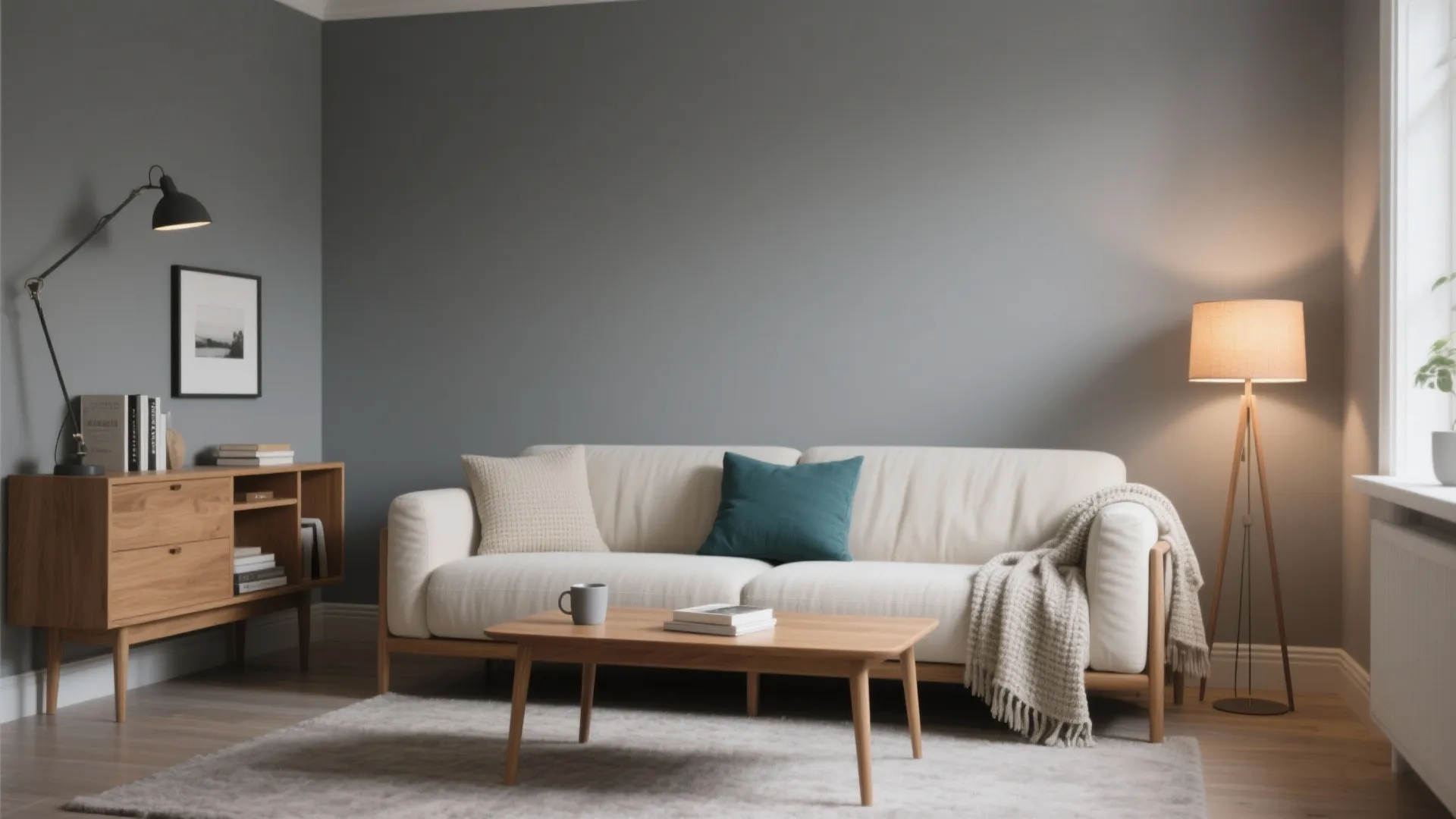 Living room with gray walls white sofa wooden coffee table floor lamp and a cabinet