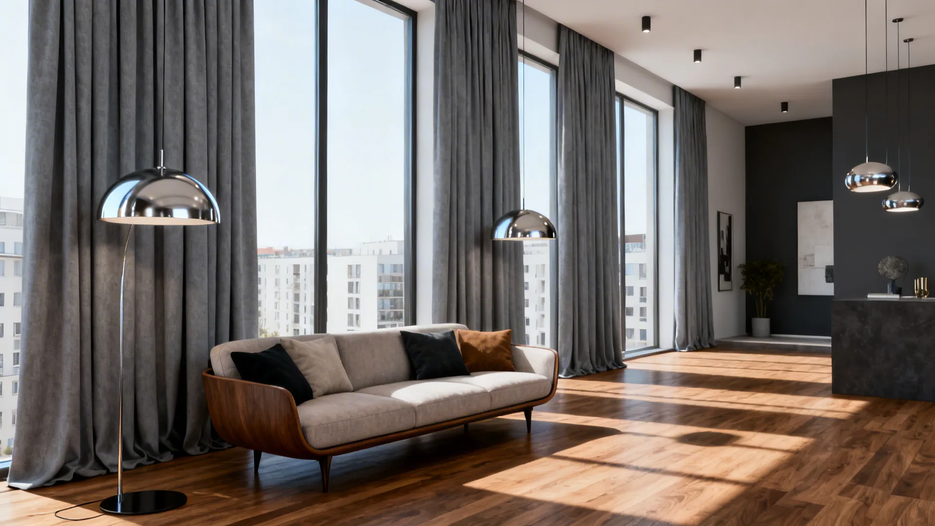 Modern living room with mid-gray drapes, timber floors, and metal pendant lighting for a cohesive look.