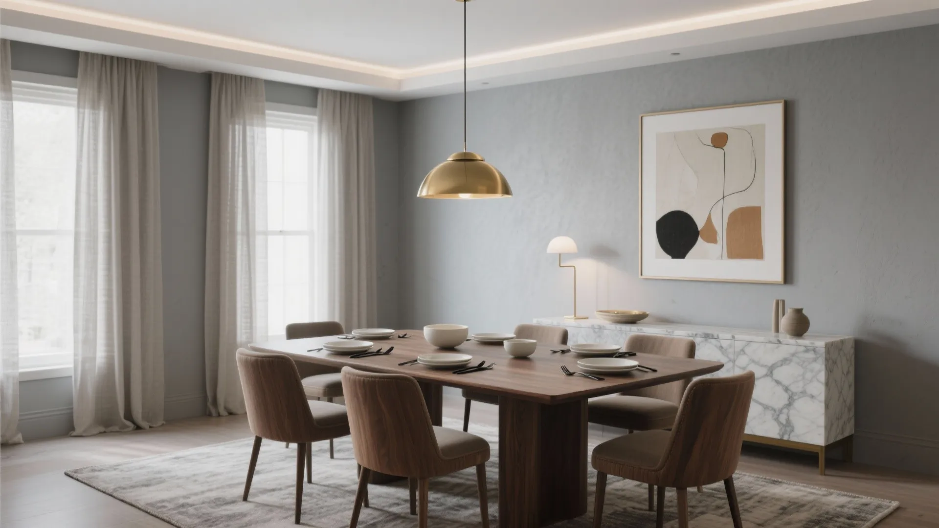 Modern dining room with wood table brown chairs gold ceiling light grey walls and curtains