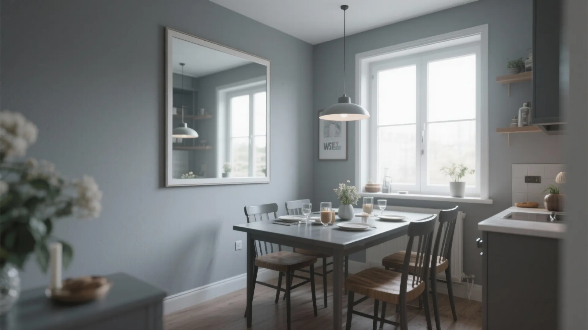 Small grey dining area with dark table wooden chairs wall mirror and white framed window