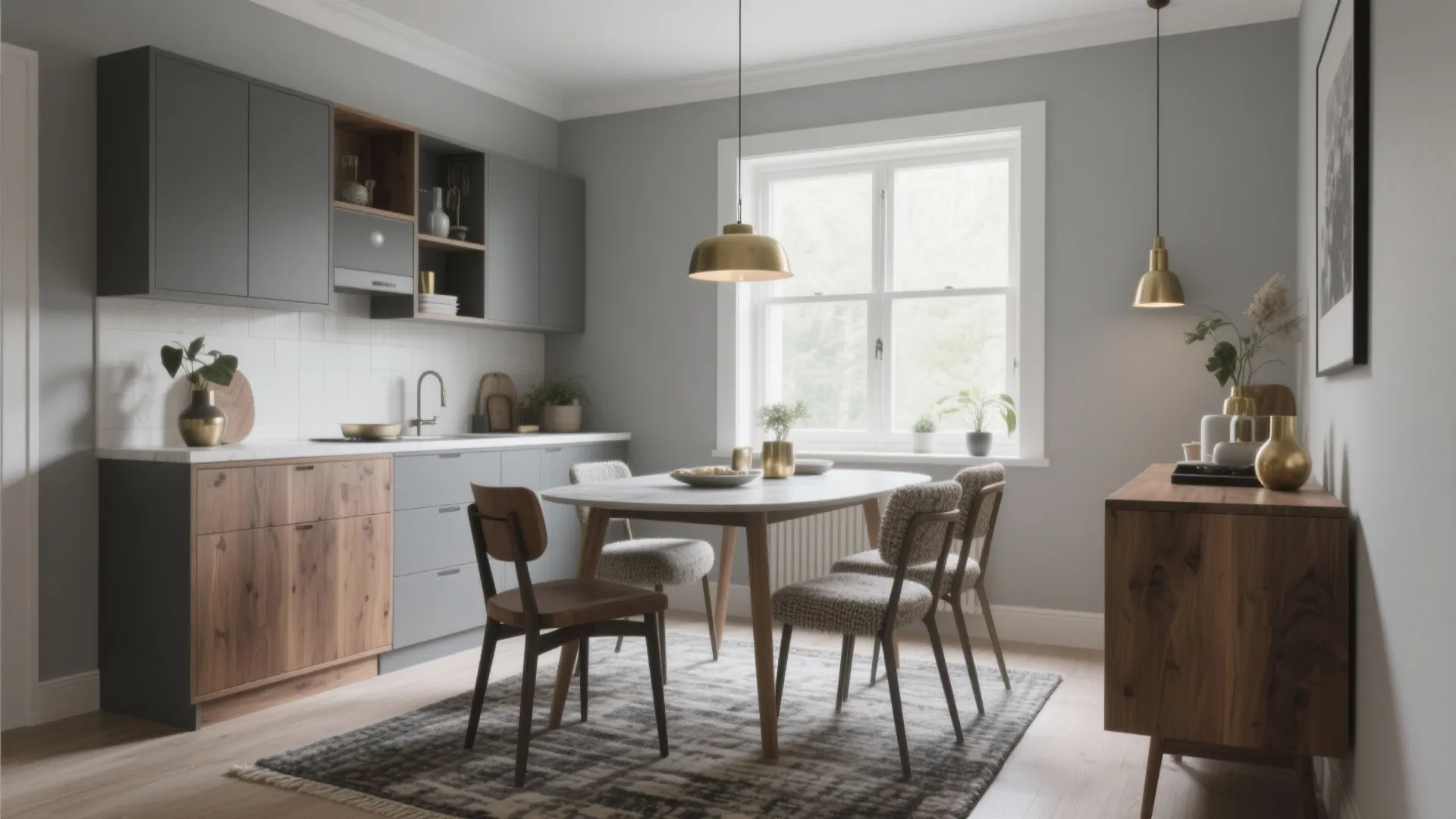 Modern grey kitchen with wood cabinets dining table gold ceiling light and large bright window