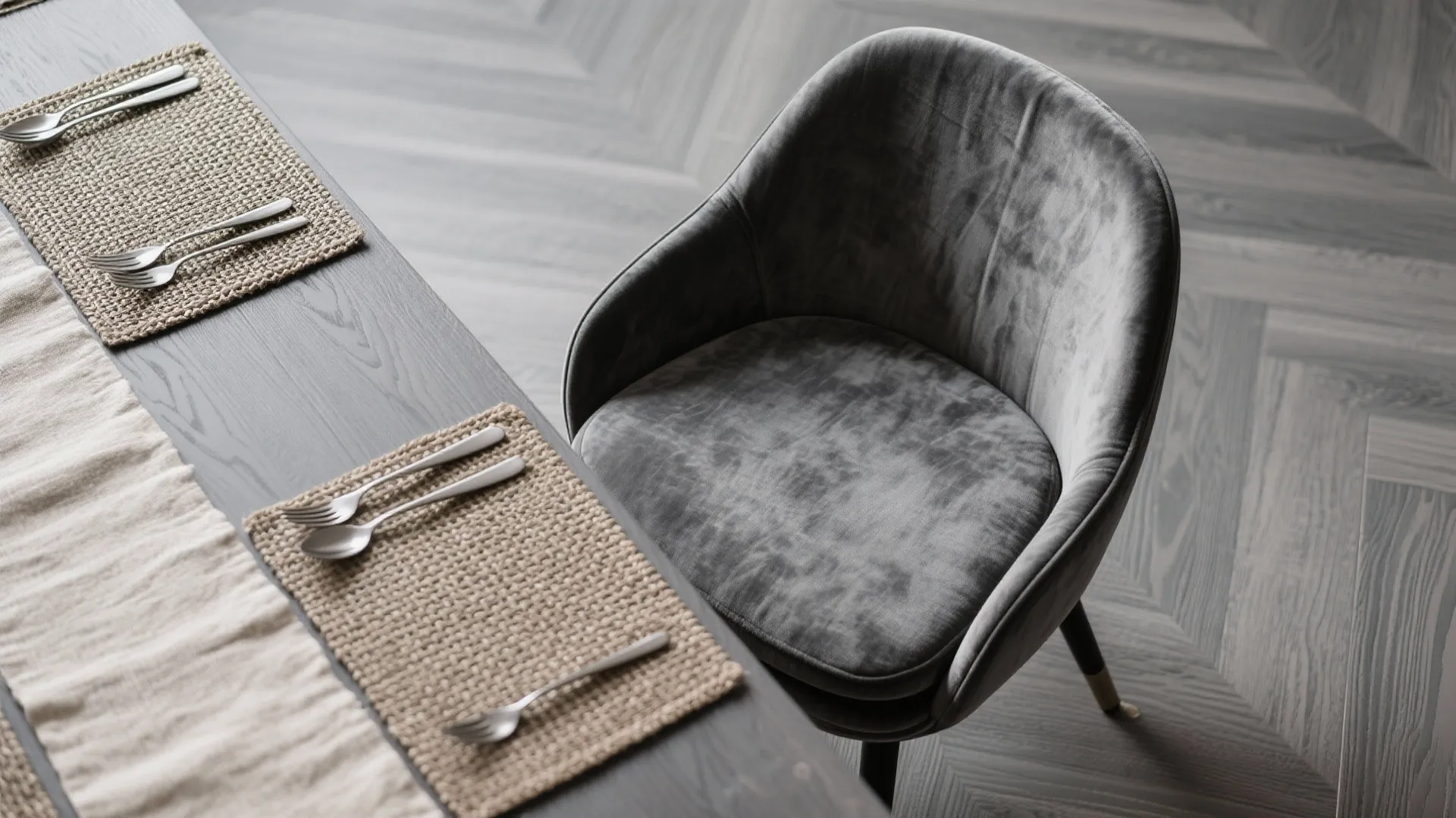 Top view of grey soft chair wooden table with woven mats and silver dining spoons