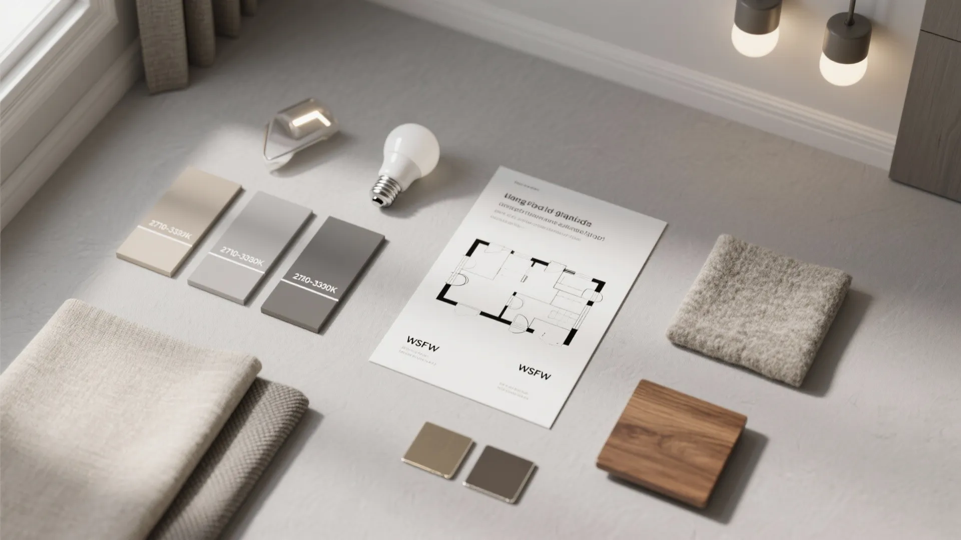 Interior design floor plan surrounded by color swatches fabric samples wood pieces and light bulbs