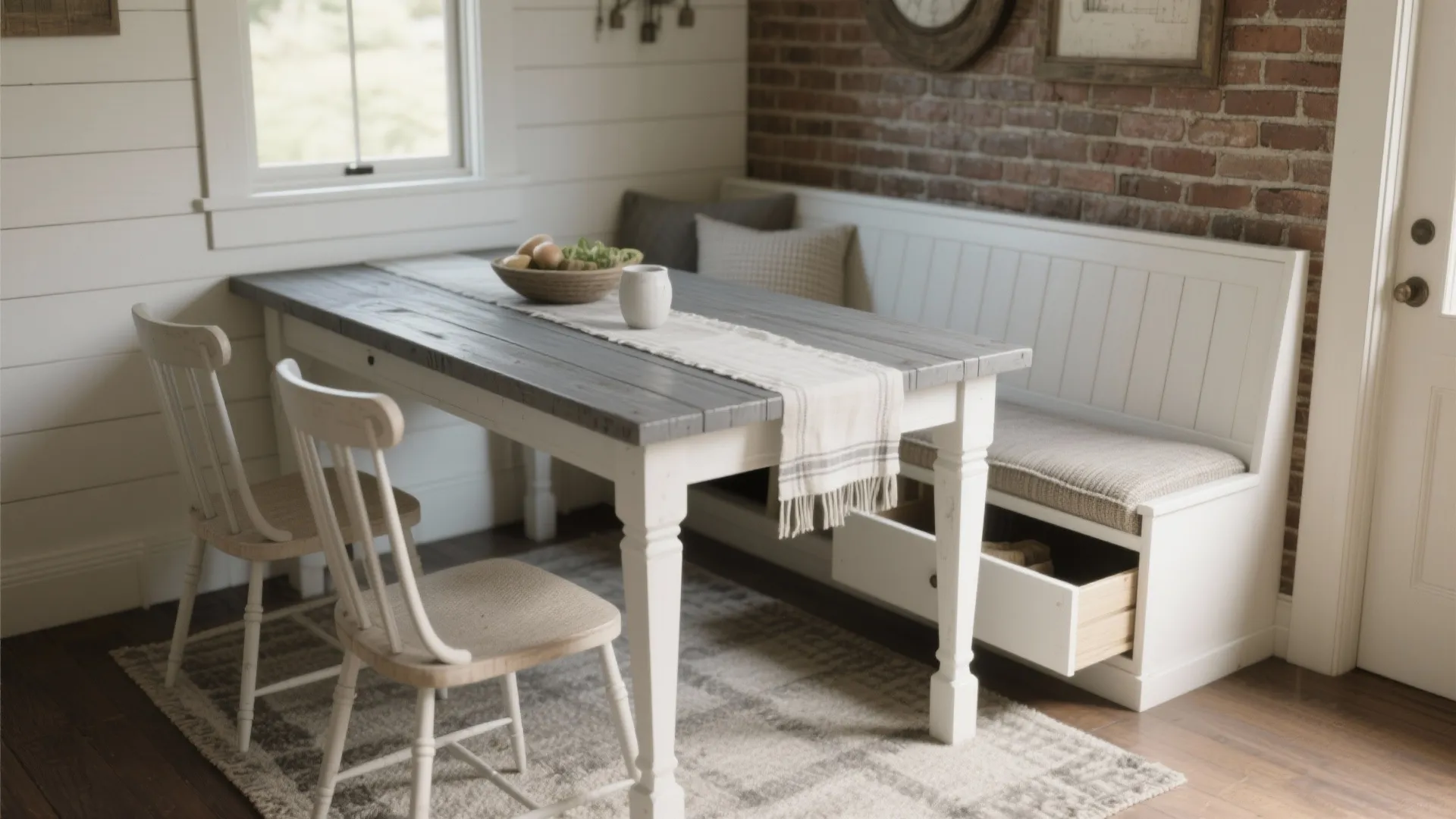 2. Gray farmhouse table with white bench seating