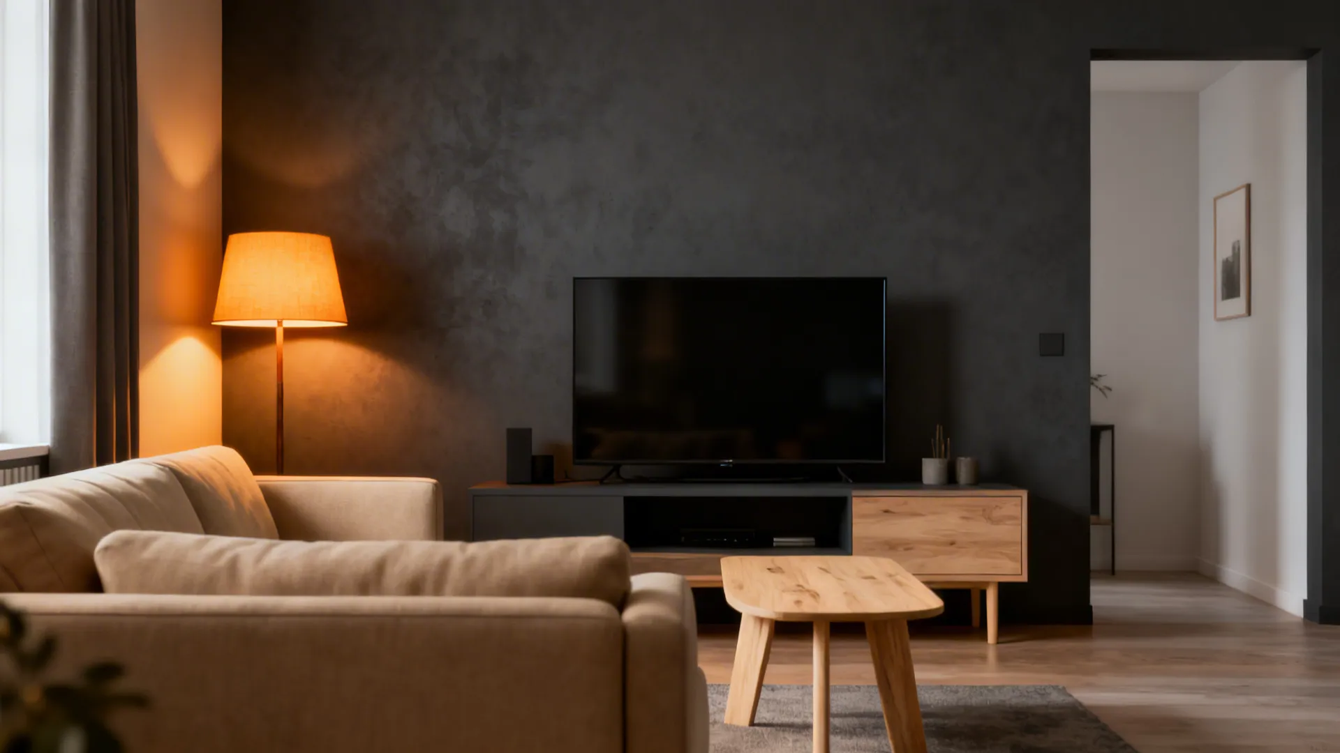Modern living room with dark grey wall, television on wood cabinet, beige sofa, and lamp