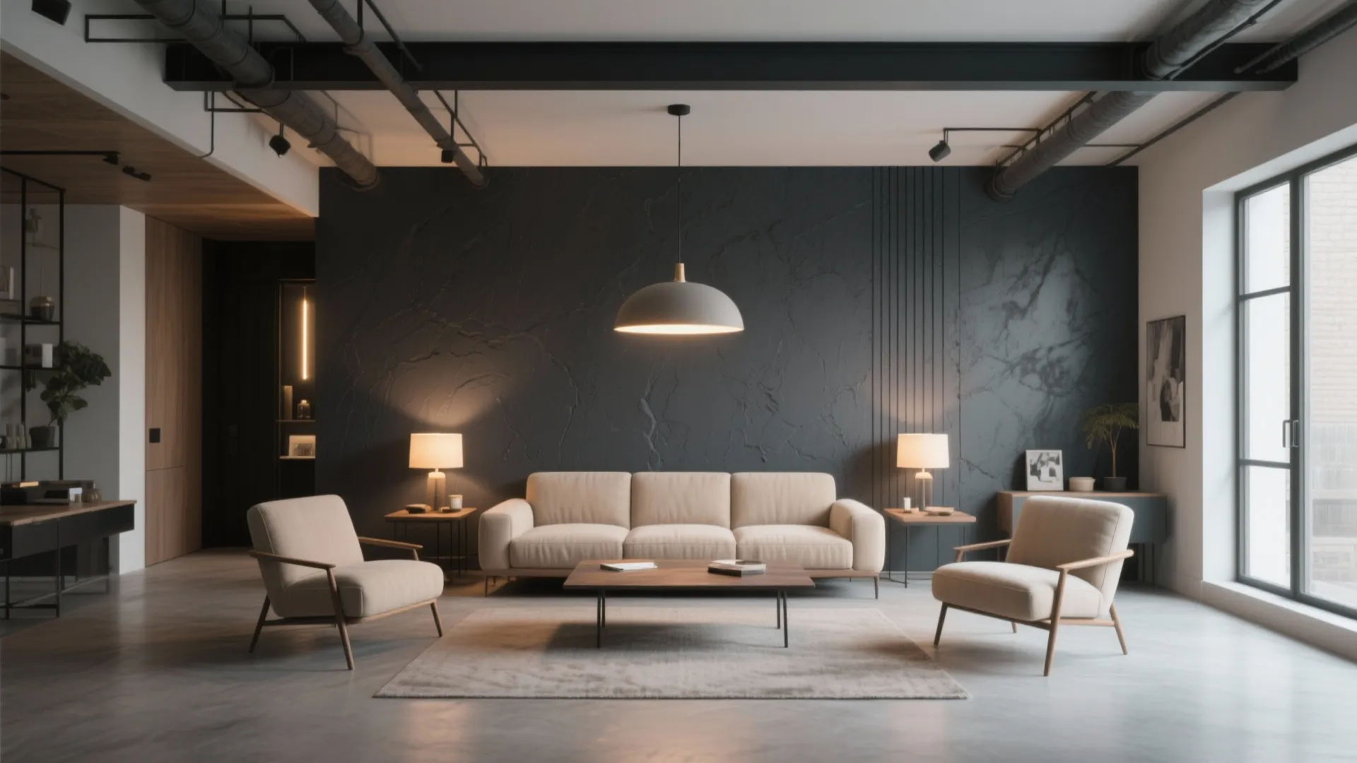 2. Gray Feature Wall with Beige Upholstery