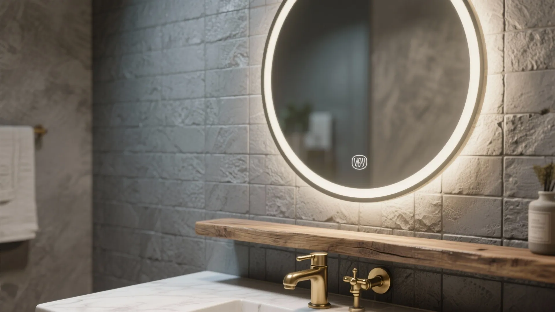 Modern bathroom with round lighted mirror above wooden shelf gold faucet and gray textured wall