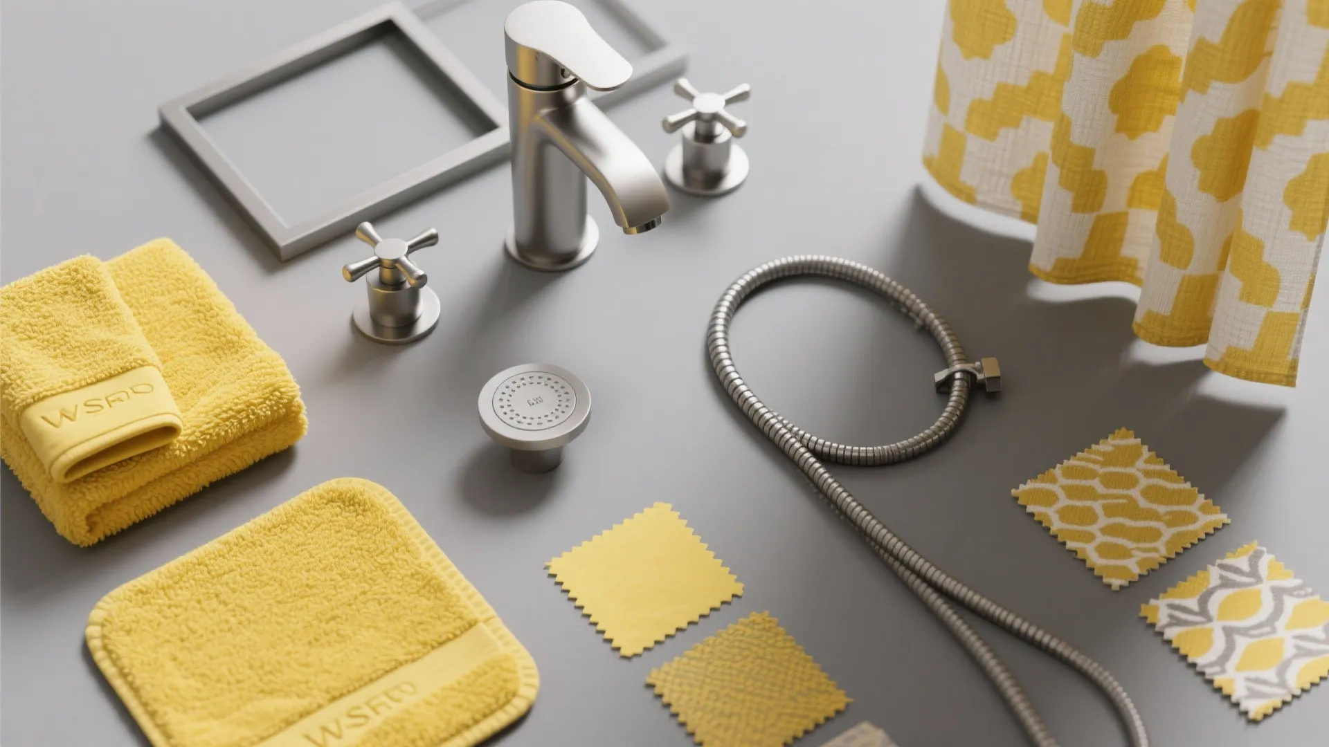 Modern bathroom sink faucet with yellow towels and fabric samples on a grey background surface
