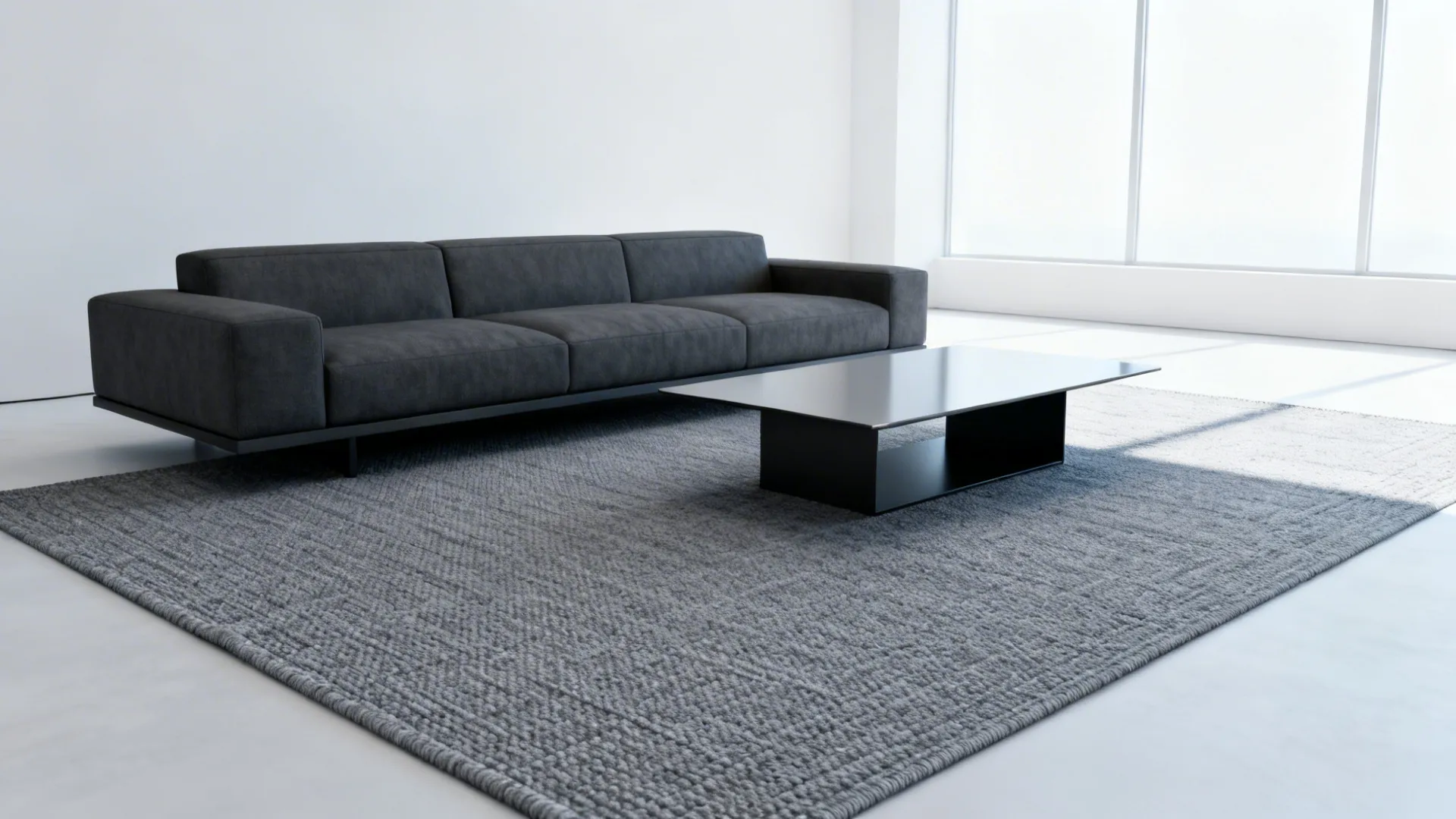 Minimal living room with a cool gray flatweave rug creating an airy, modern feel.