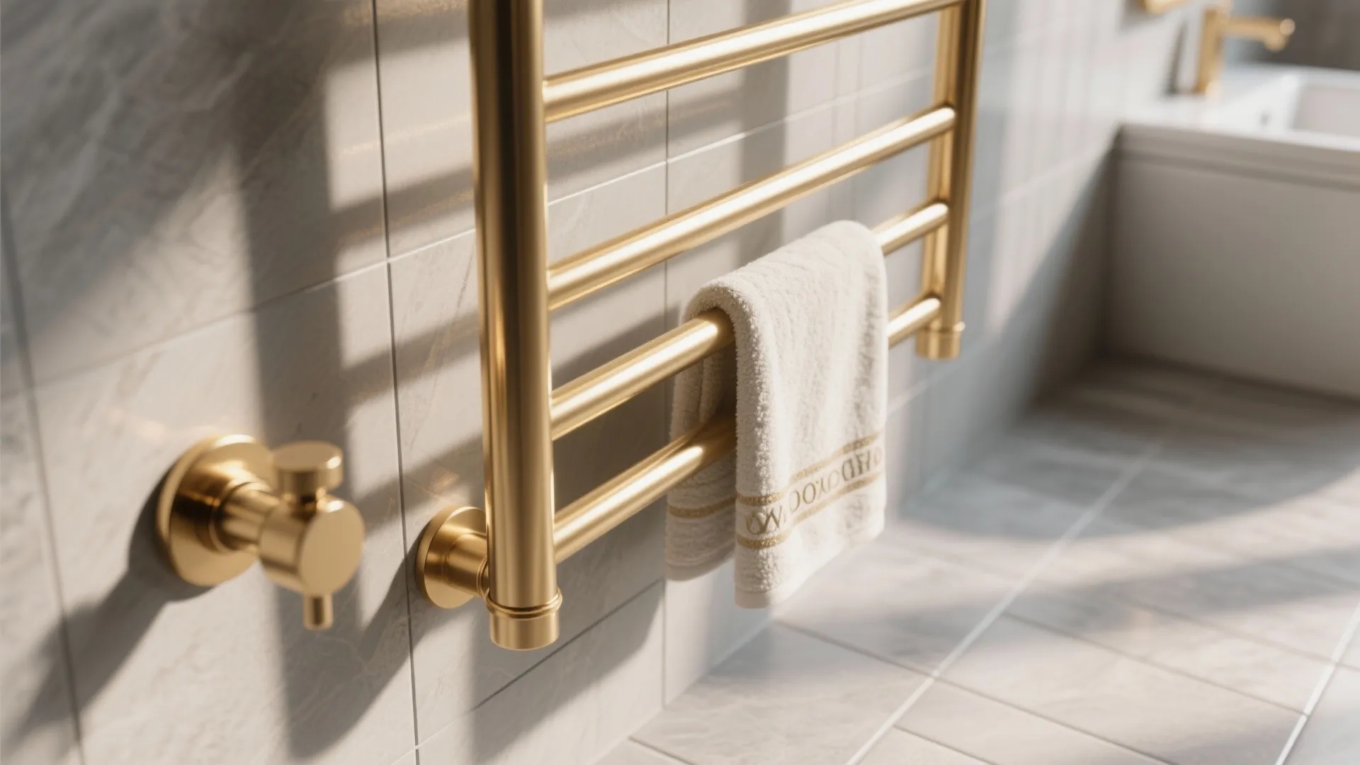 Gold heated towel rack on a grey tiled wall with a white towel hanging on
