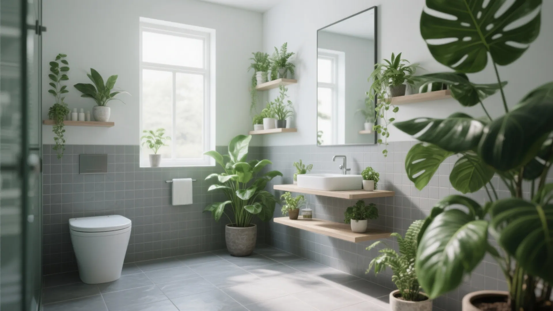 Bright bathroom with green plants on wooden shelves white toilet mirror and light gray wall tiles