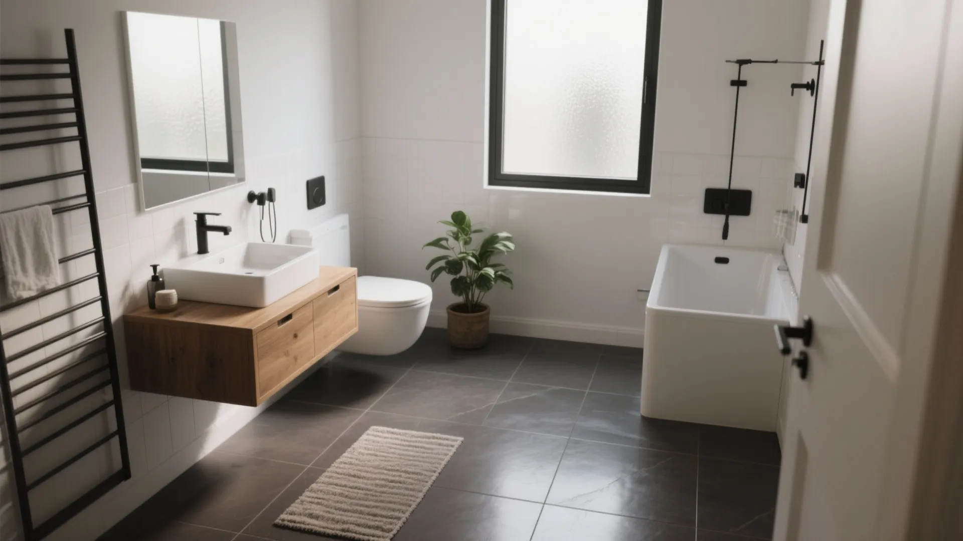 Spacious bathroom with dark floor tiles wooden cabinet white bathtub toilet plant and large window