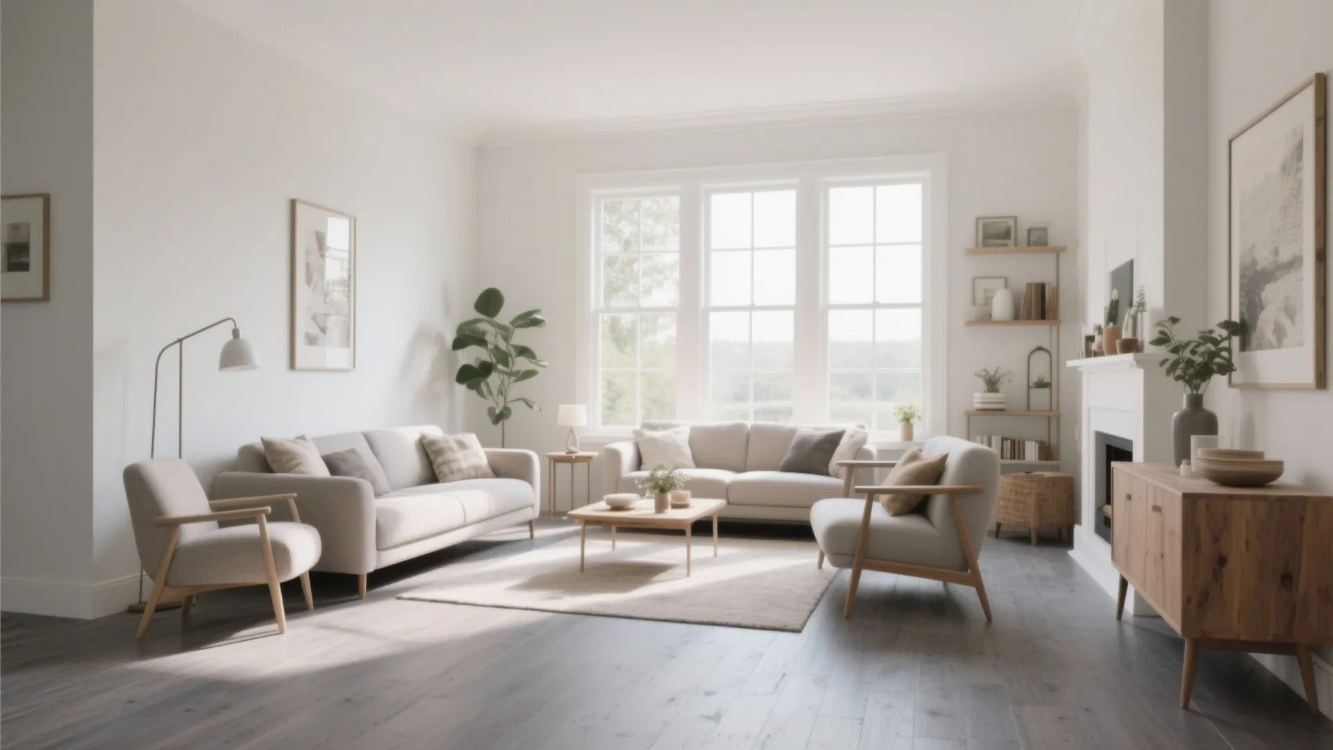 Bright living room with gray wooden floor white sofas wooden coffee table and large windows