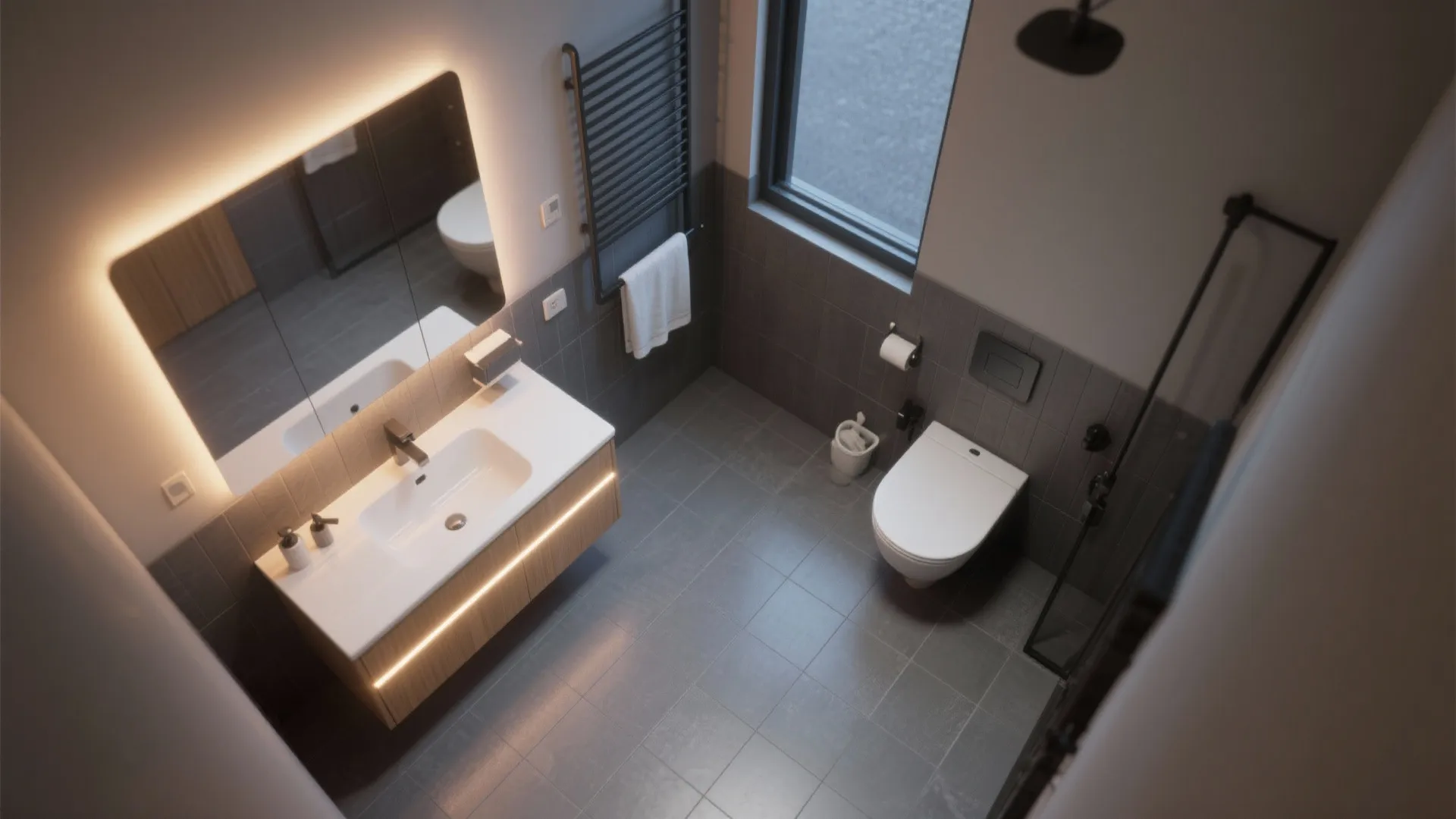 Interior design drawing of a small bathroom with wood cabinet glowing mirror and grey floor