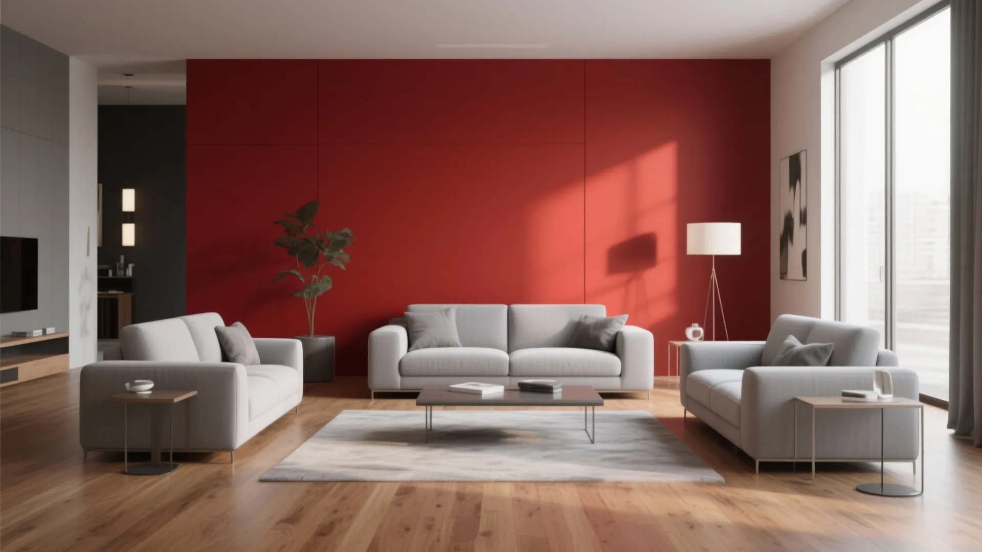 9. Light Gray Furniture with a Bold Red Feature Wall