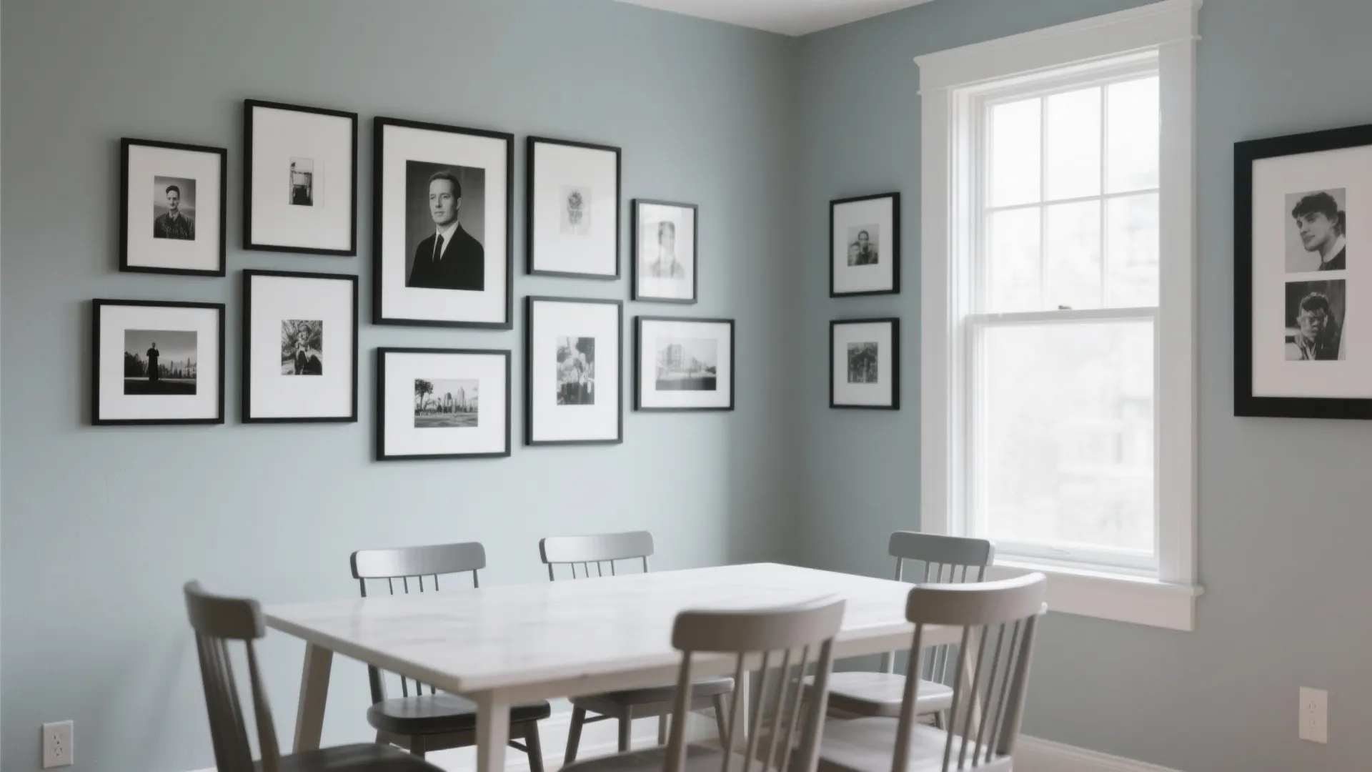 Dining room with white table grey chairs blue walls and a gallery of framed pictures