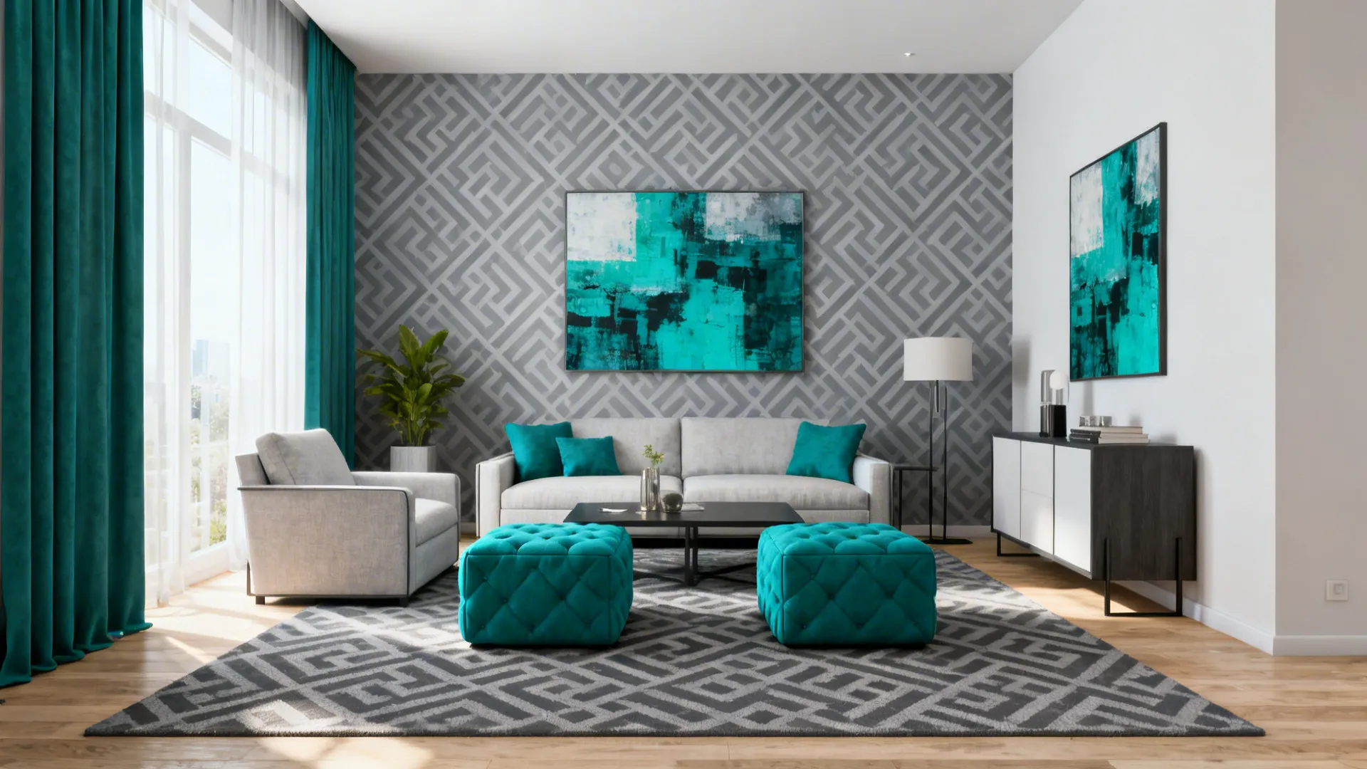 Small living room with gray geometric pattern and teal ottomans, teal art accents