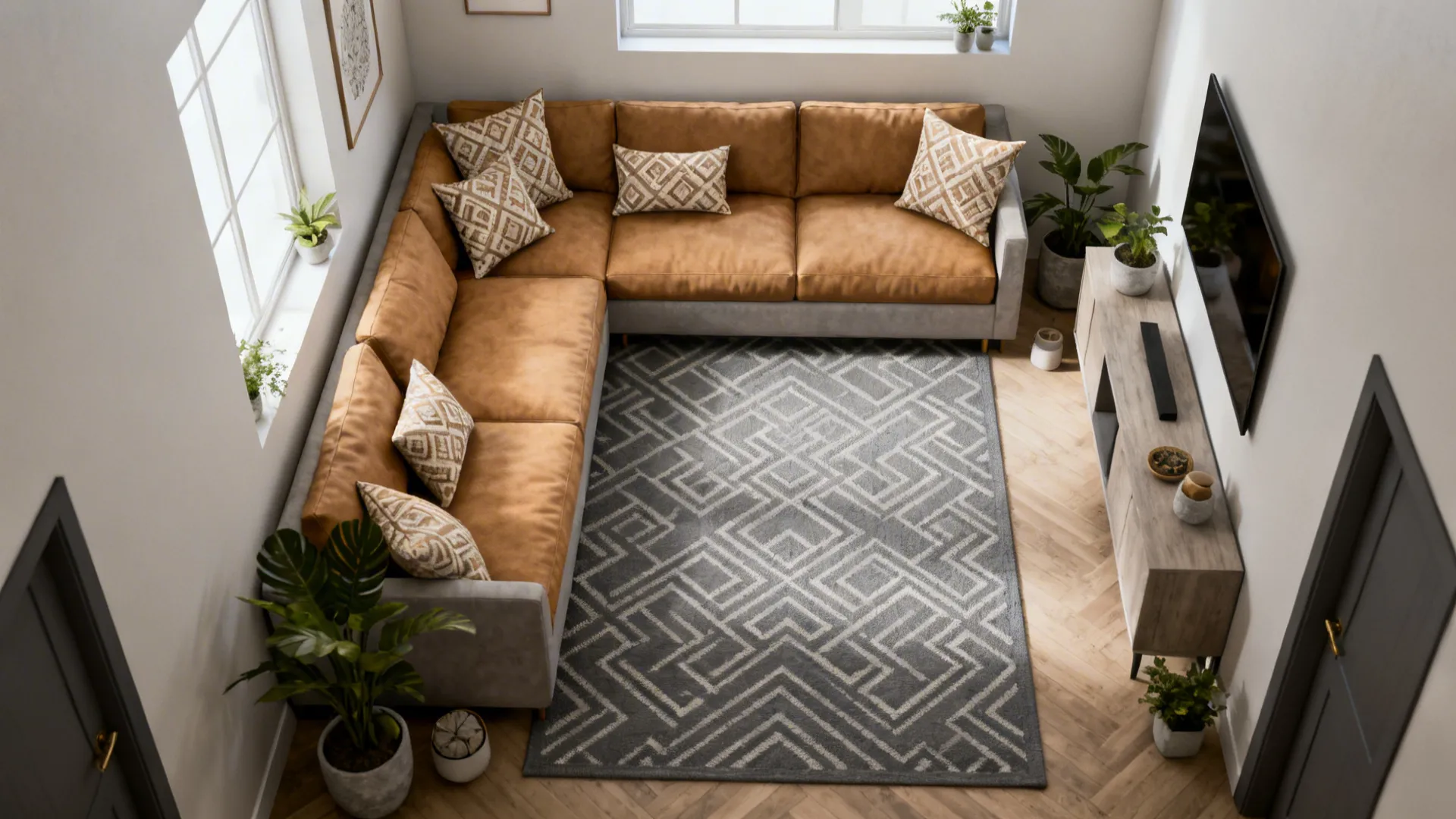 Gray geometric rug with tan cushions and planters creating pattern play in a compact living room.