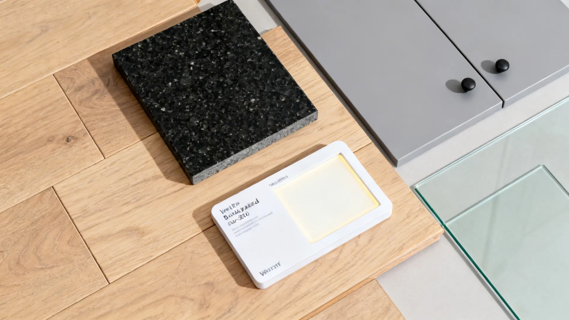 Flatlay of black granite, soft gray cabinet, low-iron glass, and light floor samples.