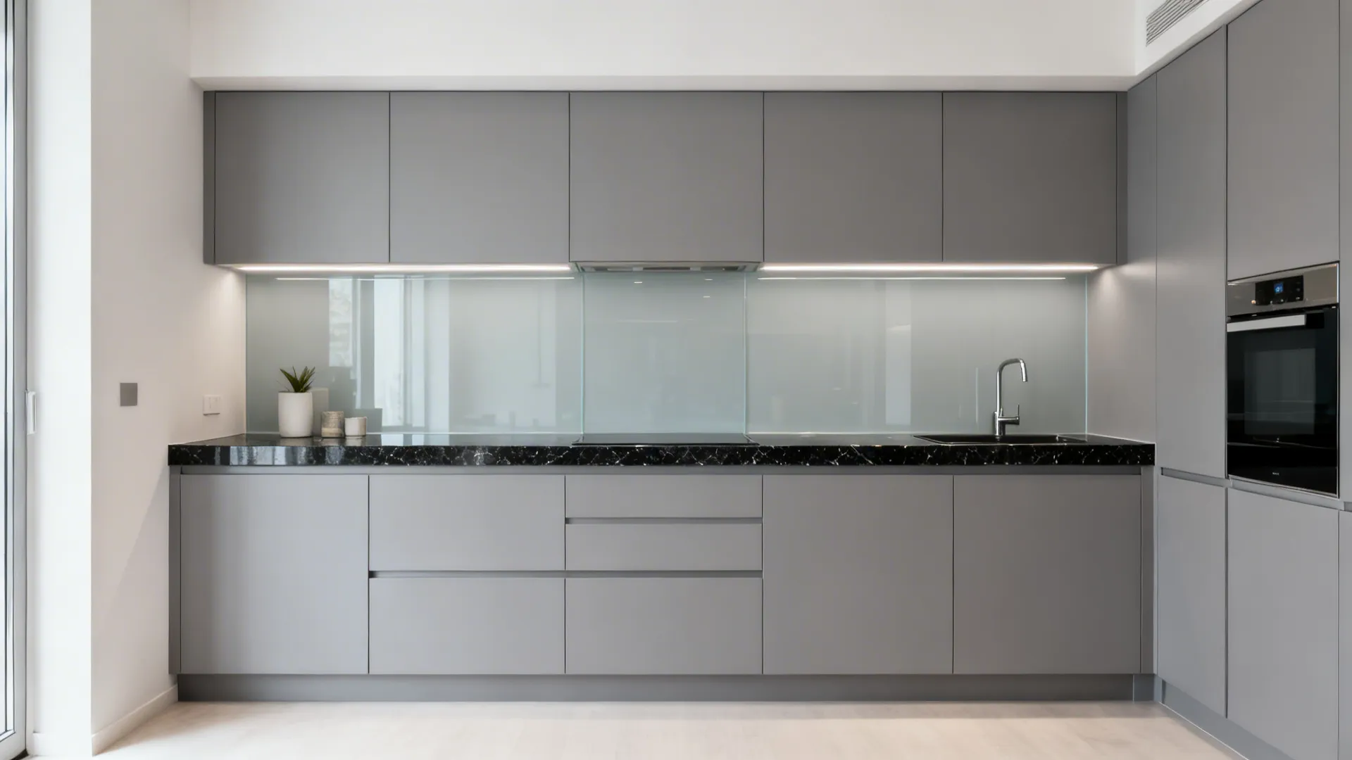 Soft gray U-shaped kitchen with black granite and a pale low-iron glass backsplash.