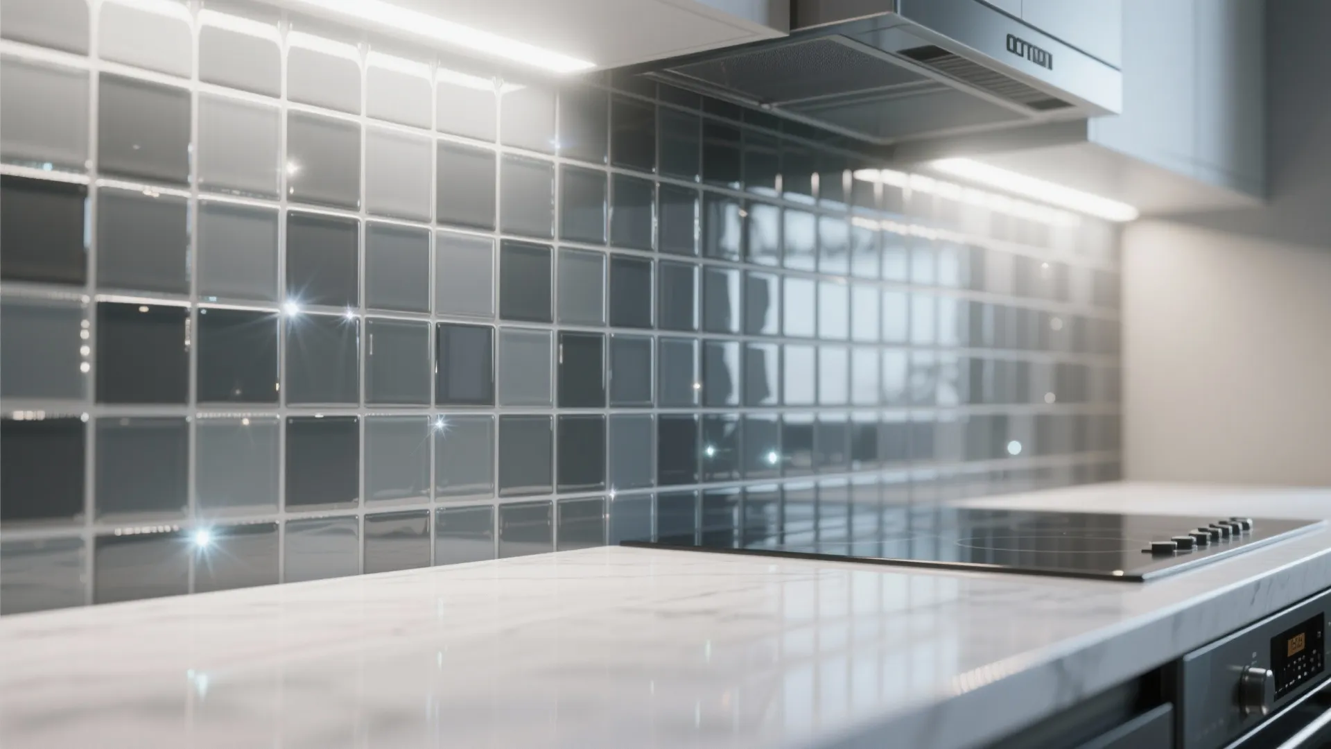 Close up of grey glass tile backsplash in kitchen with under cabinet light and stove
