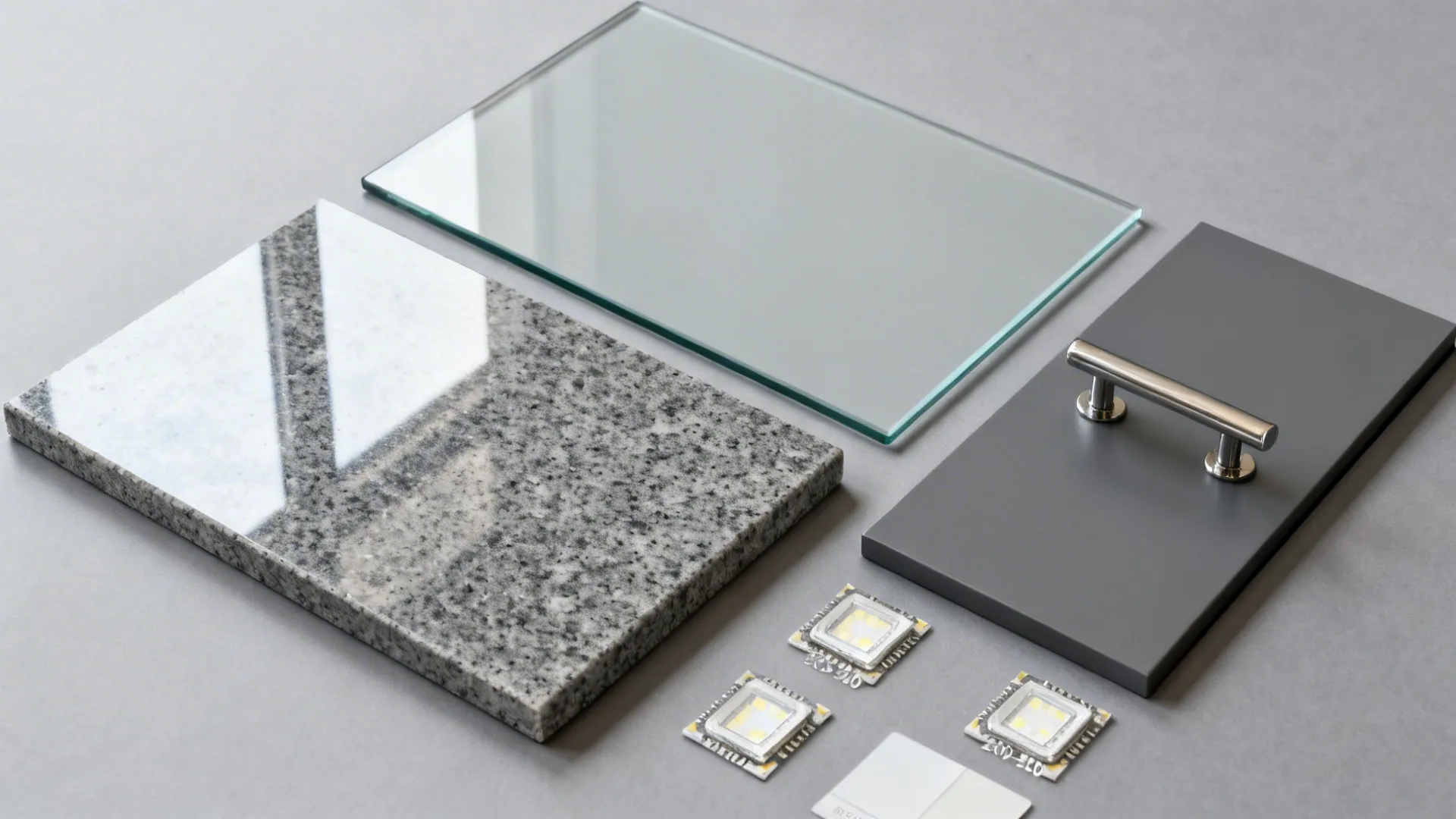 Flat lay of polished gray granite, pale gray low-iron glass, and dark gray cabinet swatches.