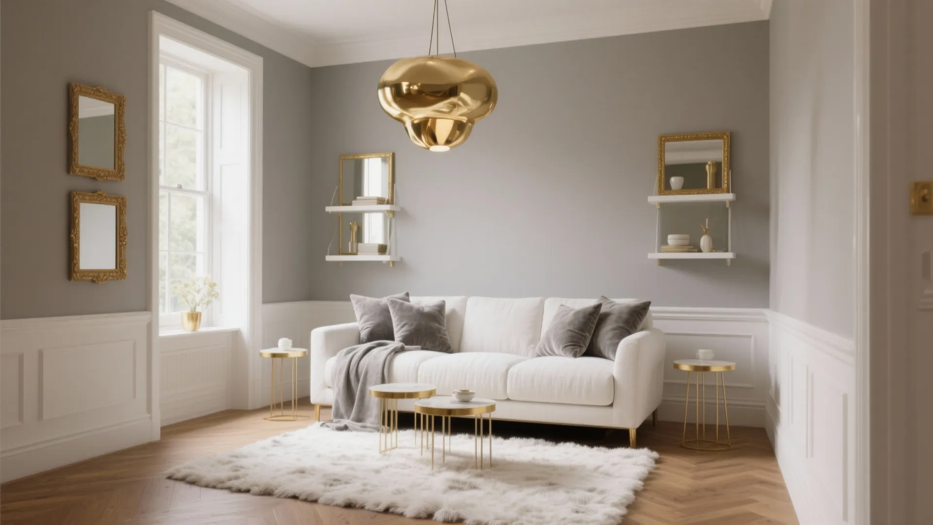 Modern living room with white sofa, gold ceiling light, grey walls, and white wall panel