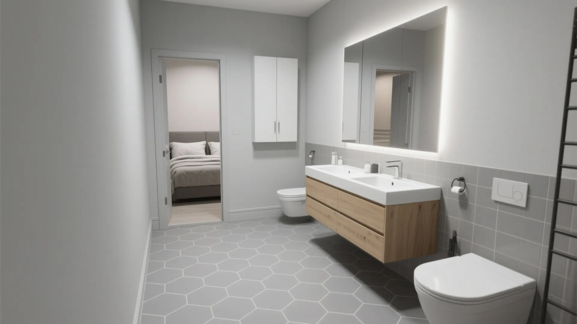 Small bathroom with mid-gray hex floor and pale-gray walls forming a soft gradient.