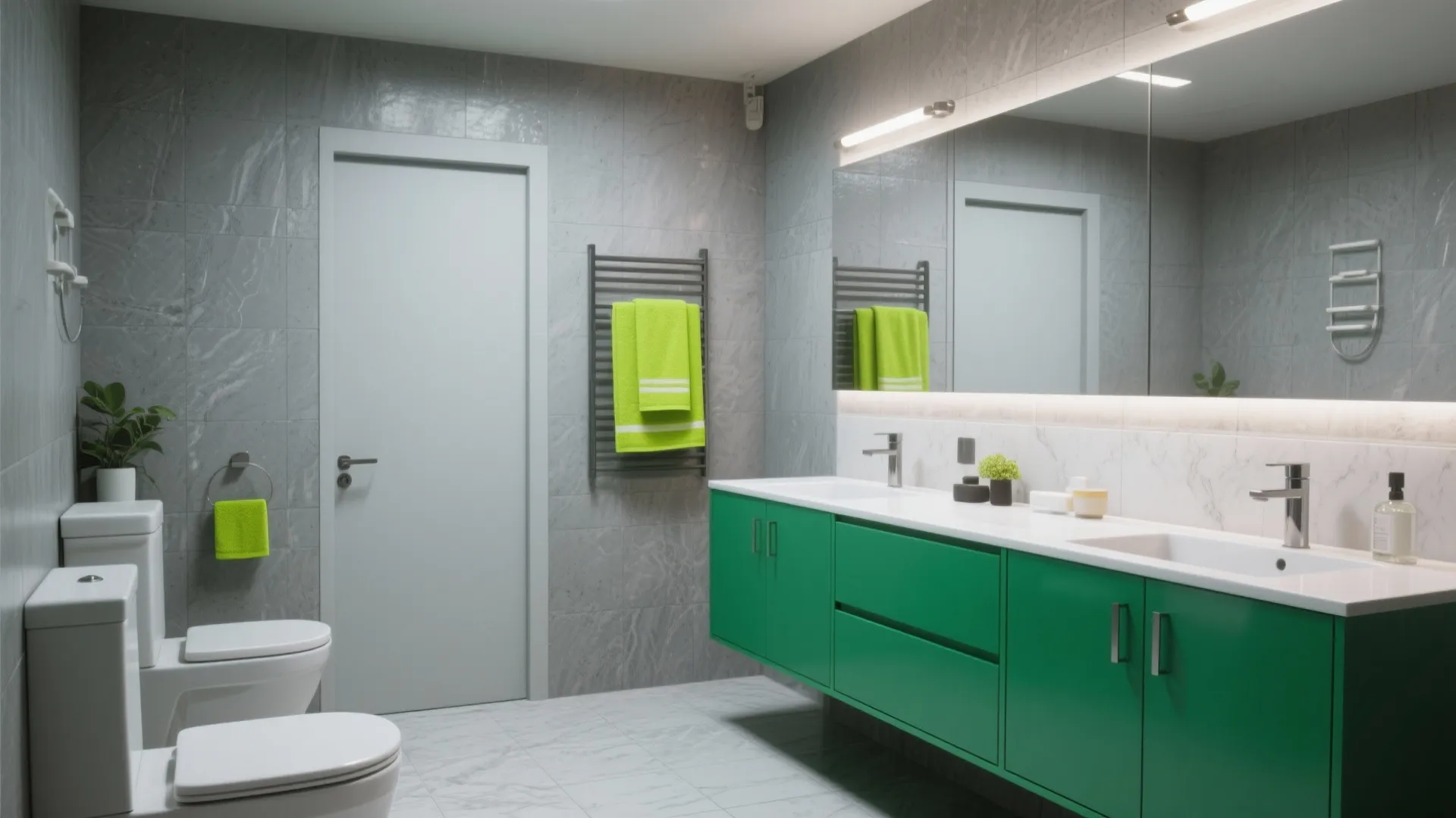 Grey tiled bathroom with bright green cabinet white sink white toilet and matching green towels