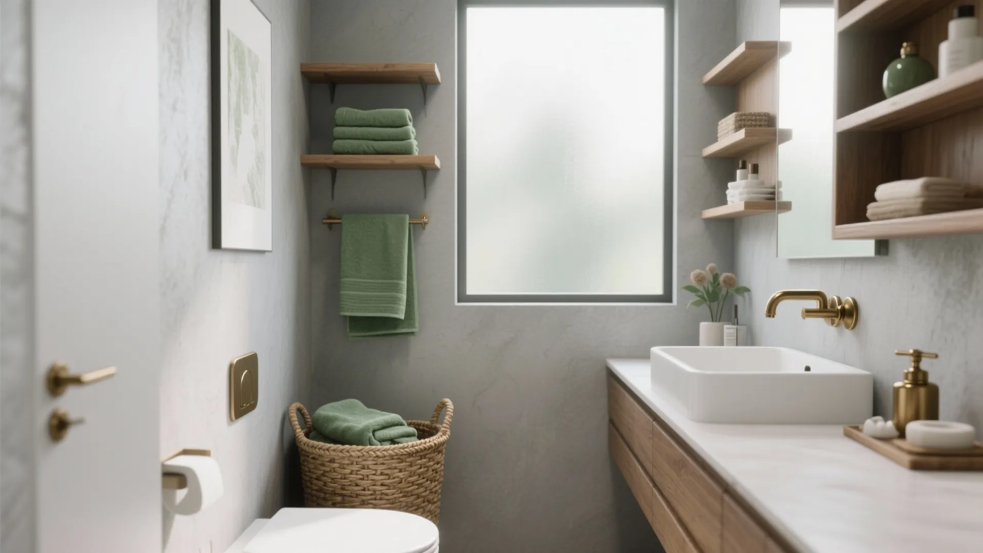 Modern bathroom with grey walls wooden shelves green towels white sink gold faucet and basket