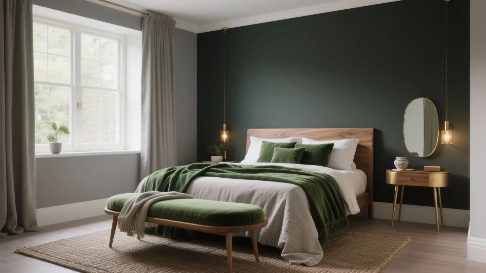 Modern bedroom featuring a dark green wall with wooden bed and green bench plus rug